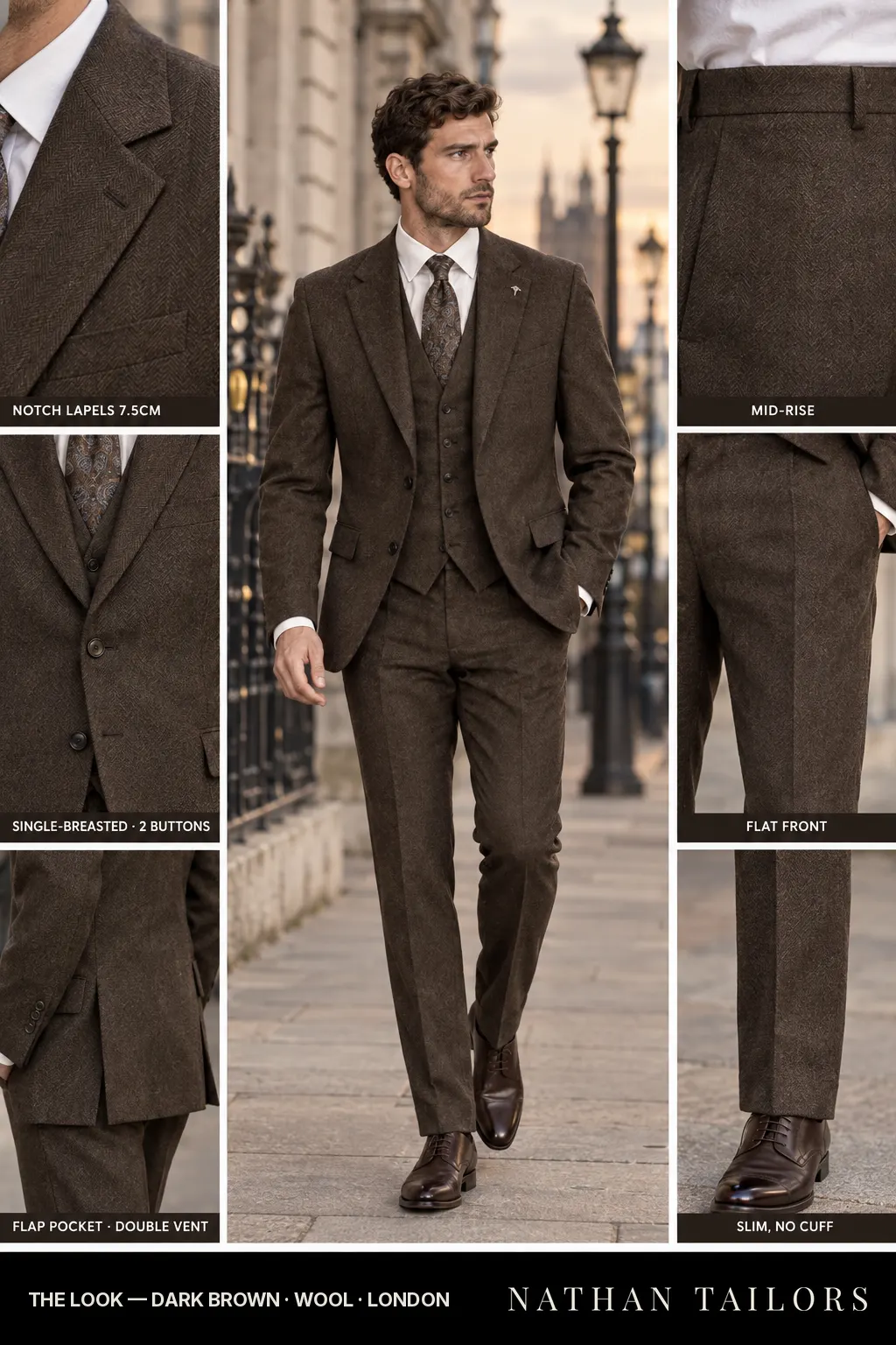 dark brown herringbone single-breasted bespoke suit — custom tailored by Nathan Tailors, the Hoi An custom tailor
