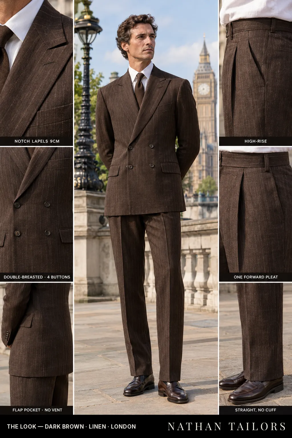 dark brown pinstripe double-breasted bespoke suit — custom tailored by Nathan Tailors, the Hoi An custom tailor