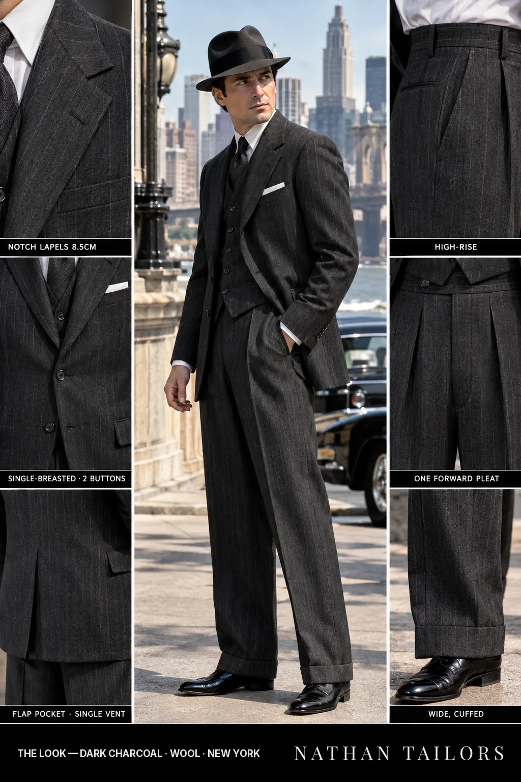dark charcoal pinstripe single-breasted bespoke suit — custom tailored by Nathan Tailors, the Hoi An custom tailor