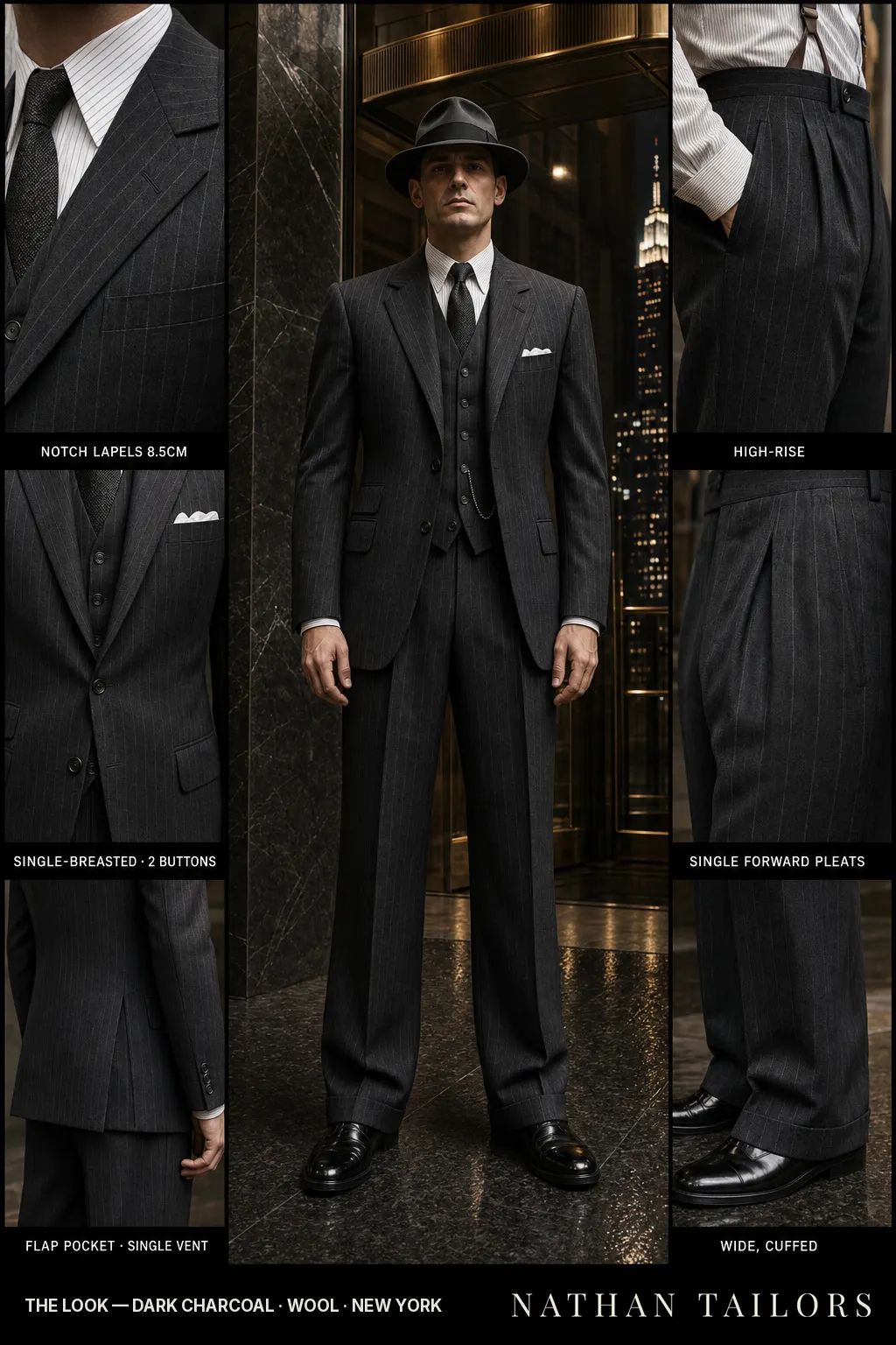 dark charcoal pinstripe single-breasted notch-lapel bespoke suit โ AI-rendered by Nathan Tailors, the Hoi An custom tailor. Available as a custom tailored suit from $149.