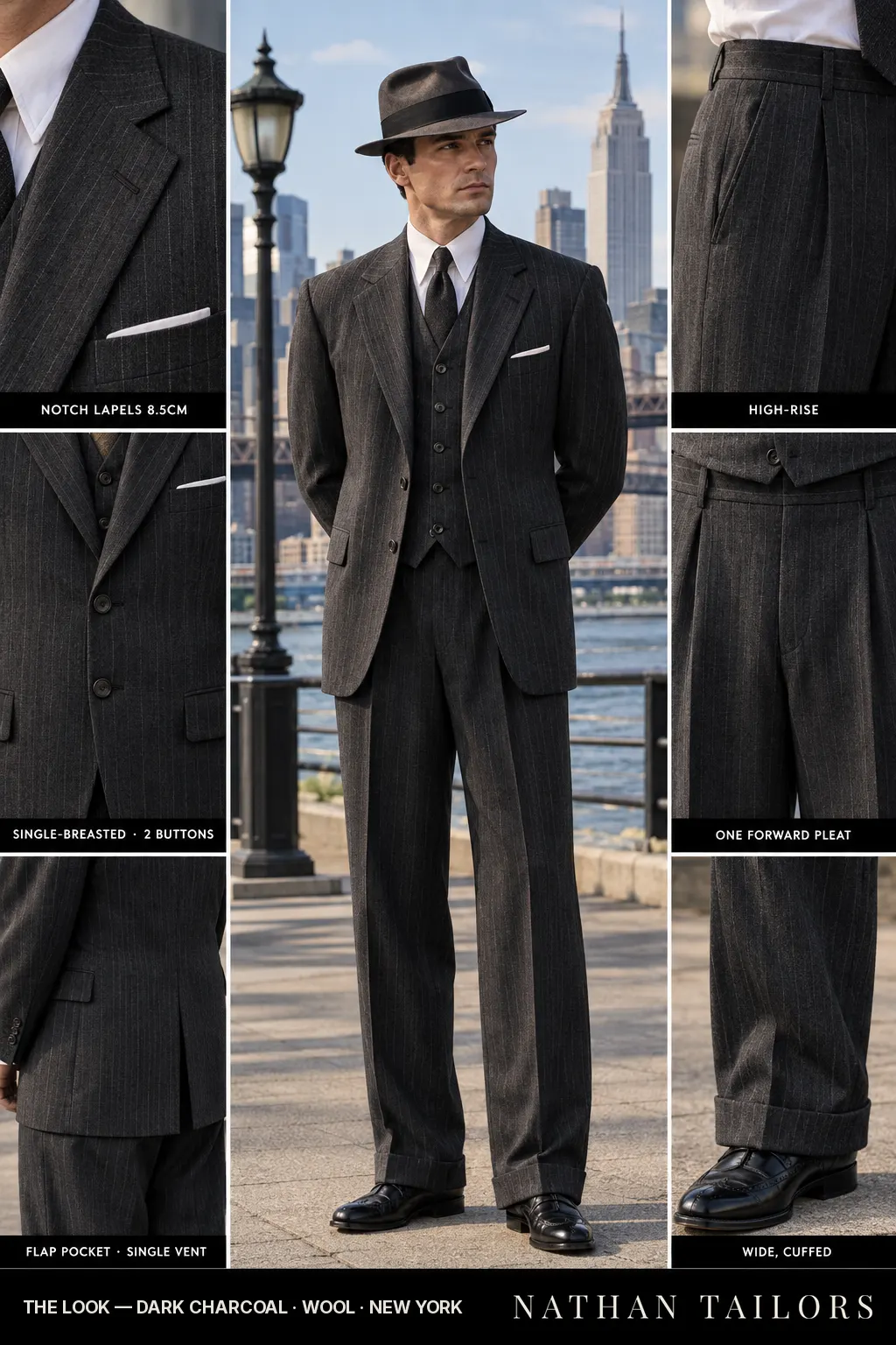 dark charcoal pinstripe single-breasted bespoke suit โ custom tailored by Nathan Tailors, the Hoi An custom tailor