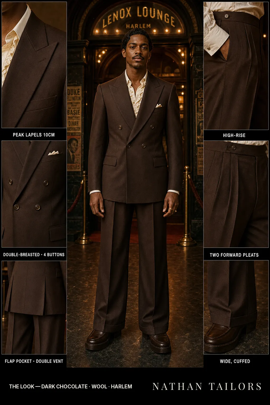 dark chocolate double-breasted peak-lapel bespoke suit โ AI-rendered by Nathan Tailors, the Hoi An custom tailor. Available as a custom tailored suit from $149.