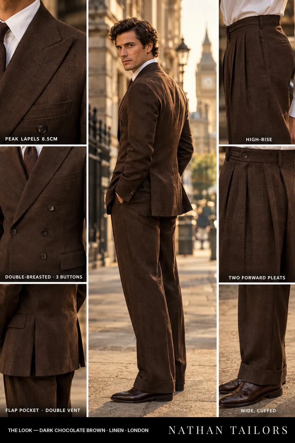 dark chocolate brown double-breasted bespoke suit — custom tailored by Nathan Tailors, the Hoi An custom tailor
