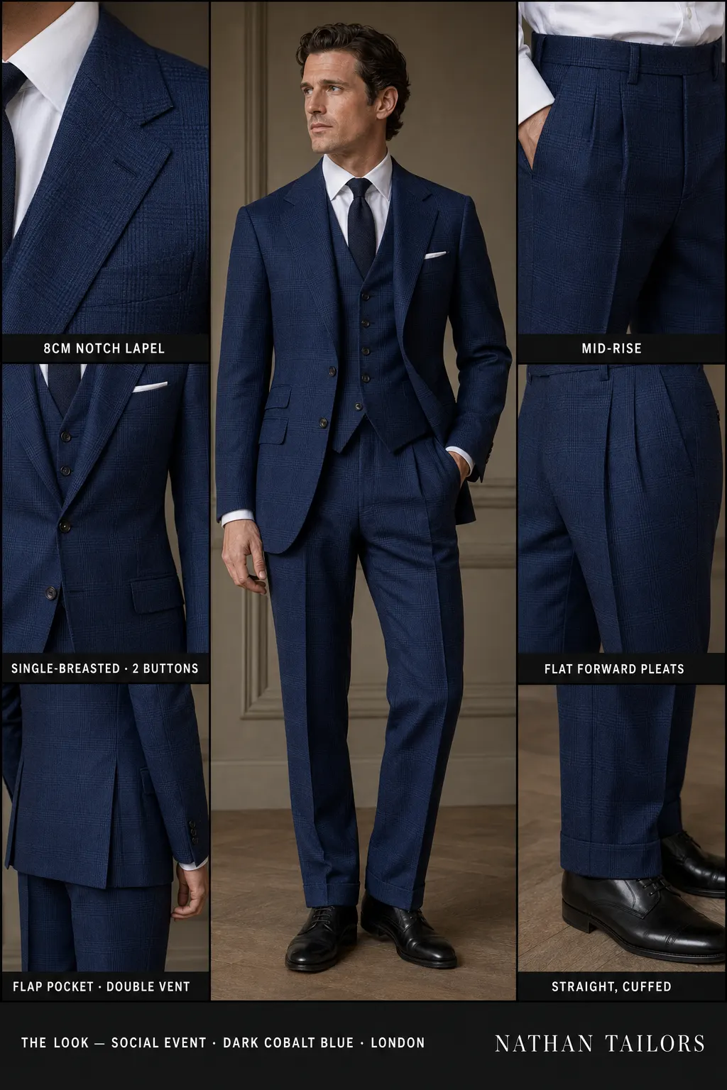 Dark cobalt blue glen plaid single-breasted notch-lapel bespoke suit โ AI-rendered by Nathan Tailors, the Hoi An custom tailor. Available as a custom tailored suit from $149.