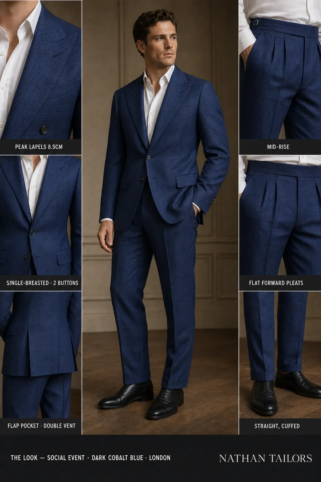 Dark cobalt blue glen plaid single-breasted peak-lapel bespoke suit — AI-rendered by Nathan Tailors, the Hoi An custom tailor. Available as a custom tailored suit from $149.
