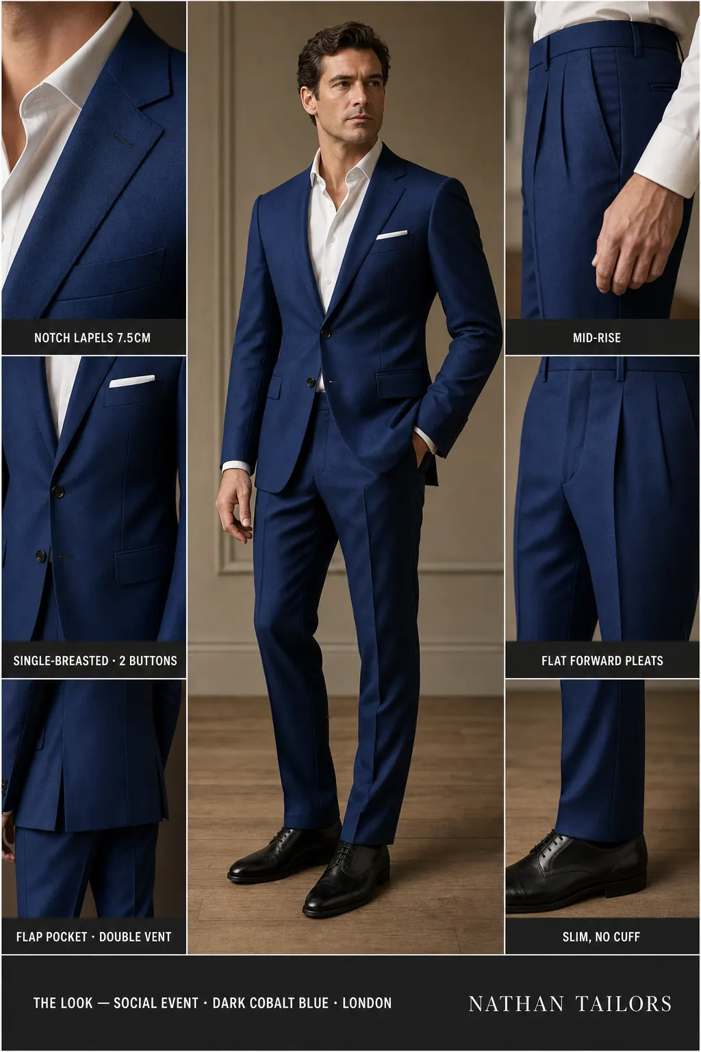Dark cobalt blue single-breasted notch-lapel bespoke suit — AI-rendered by Nathan Tailors, the Hoi An custom tailor. Available as a custom tailored suit from $149.