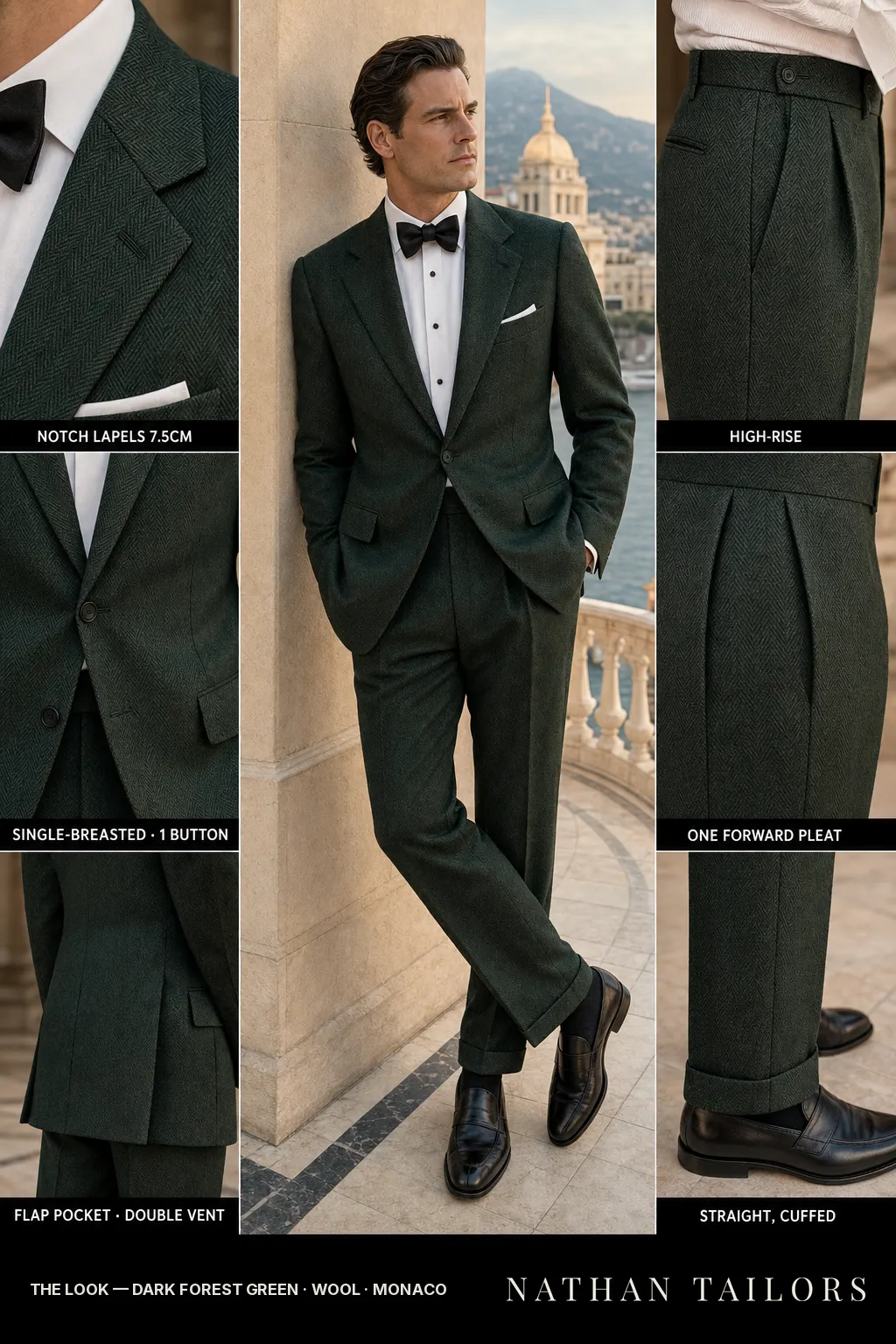Dark Forest Green herringbone single-breasted bespoke suit — custom tailored by Nathan Tailors, the Hoi An custom tailor