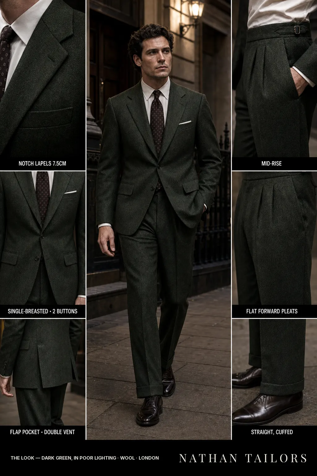Dark green, in poor lighting herringbone single-breasted notch-lapel bespoke suit โ AI-rendered by Nathan Tailors, the Hoi An custom tailor. Available as a custom tailored suit from $149.