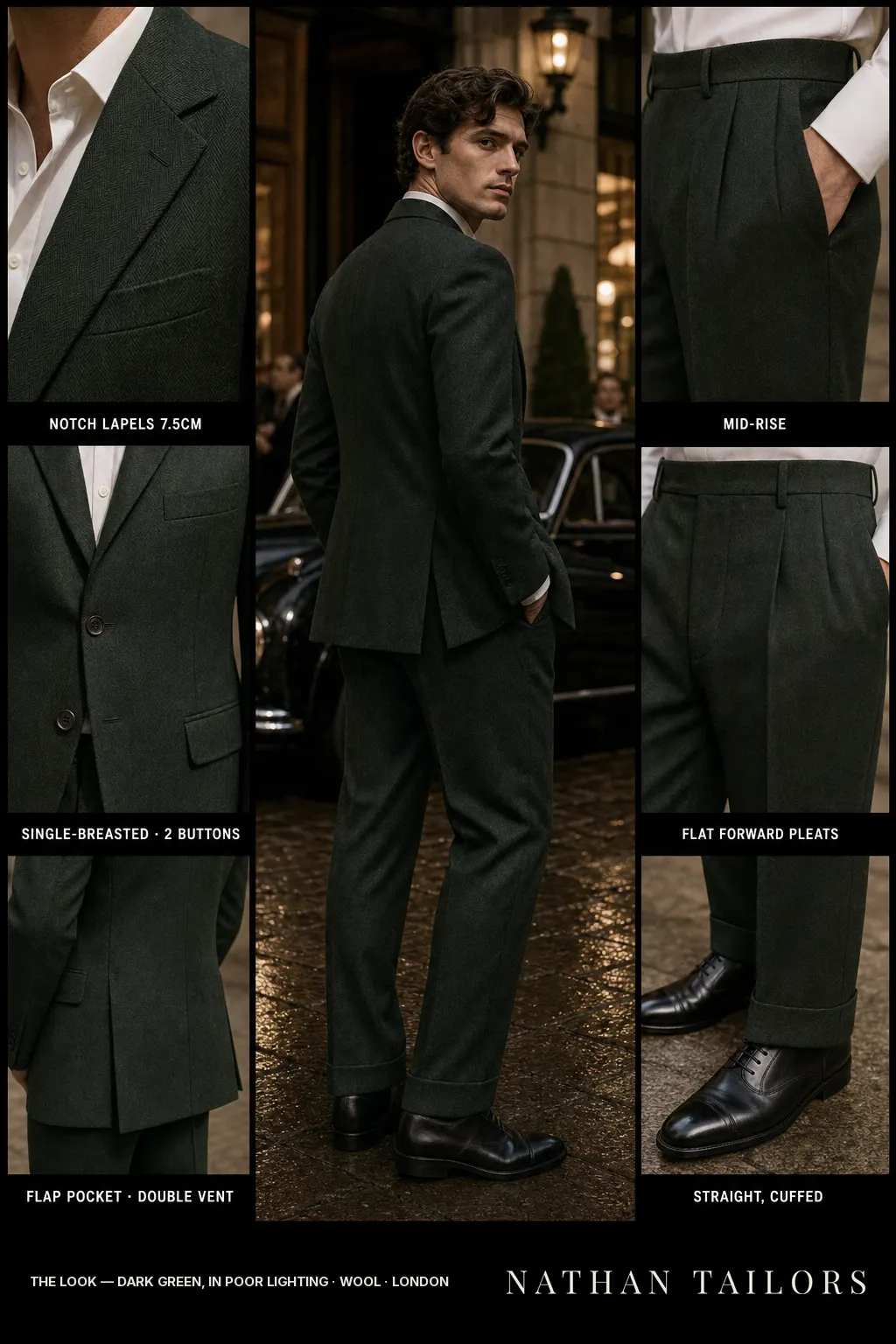Dark green, in poor lighting herringbone single-breasted notch-lapel bespoke suit — AI-rendered by Nathan Tailors, the Hoi An custom tailor. Available as a custom tailored suit from $149.