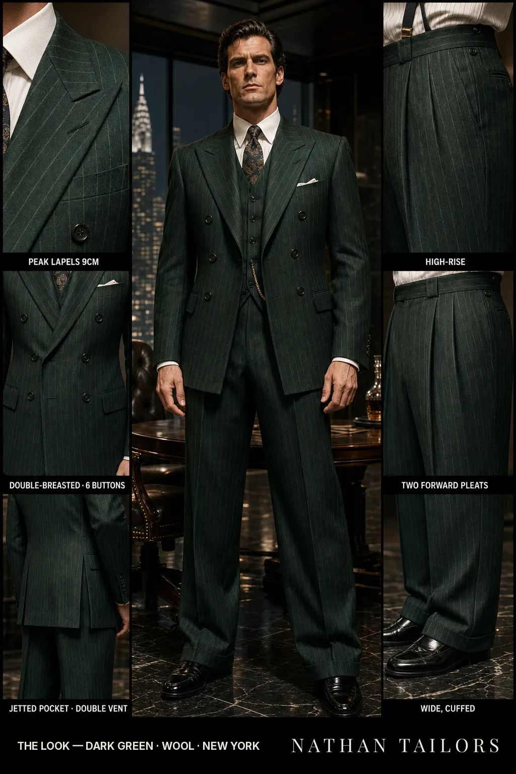 dark green pinstripe double-breasted peak-lapel bespoke suit โ AI-rendered by Nathan Tailors, the Hoi An custom tailor. Available as a custom tailored suit from $149.