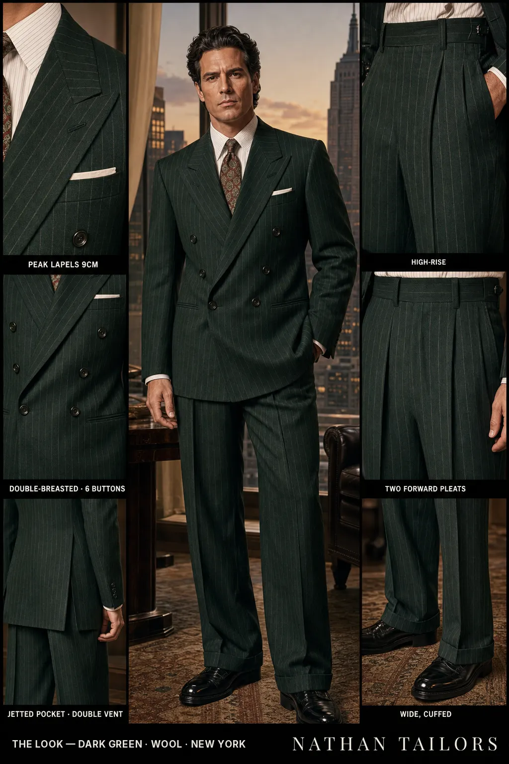 dark green pinstripe double-breasted peak-lapel bespoke suit — AI-rendered by Nathan Tailors, the Hoi An custom tailor. Available as a custom tailored suit from $149.