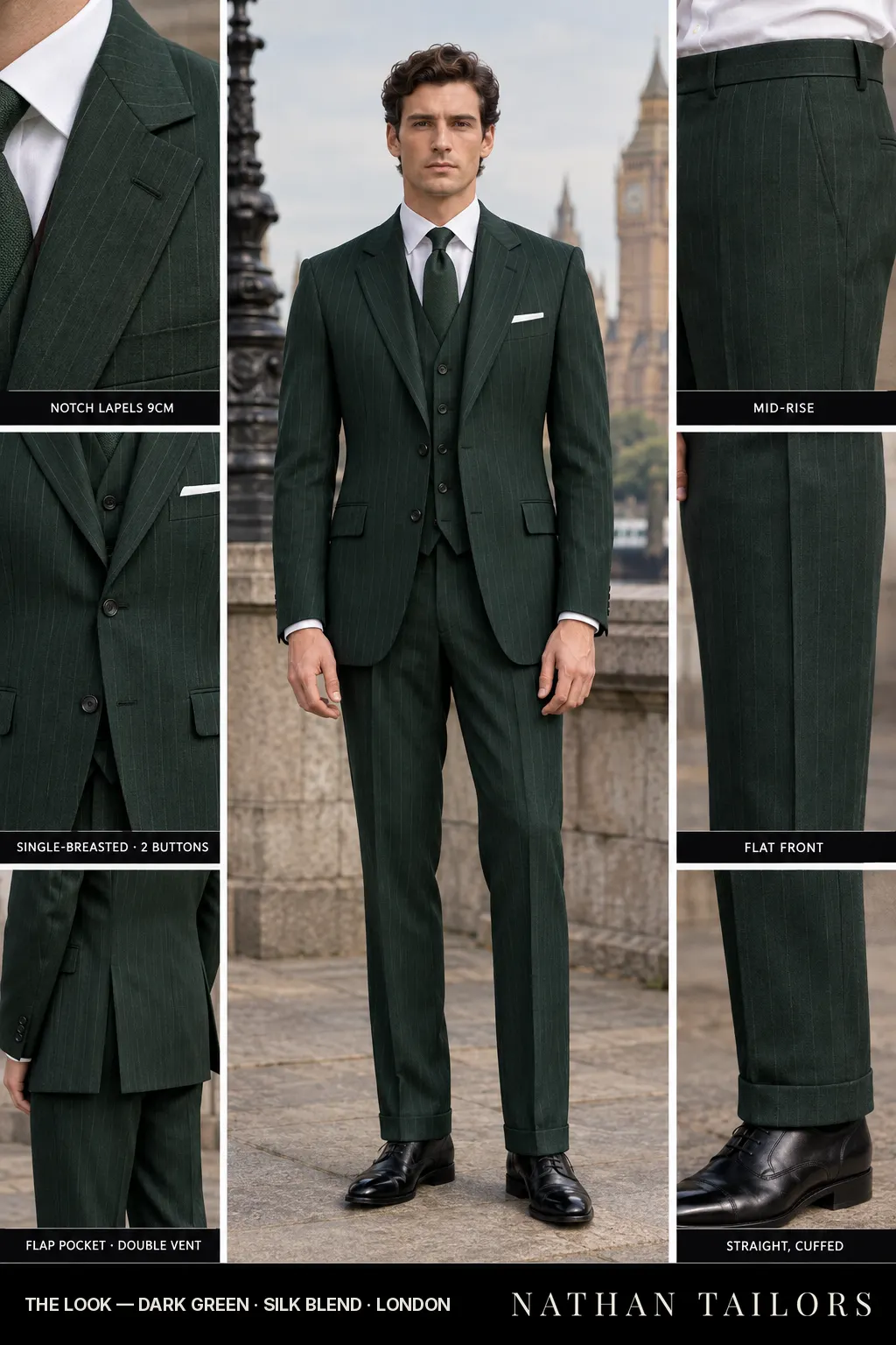 dark green pinstripe single-breasted bespoke suit โ custom tailored by Nathan Tailors, the Hoi An custom tailor