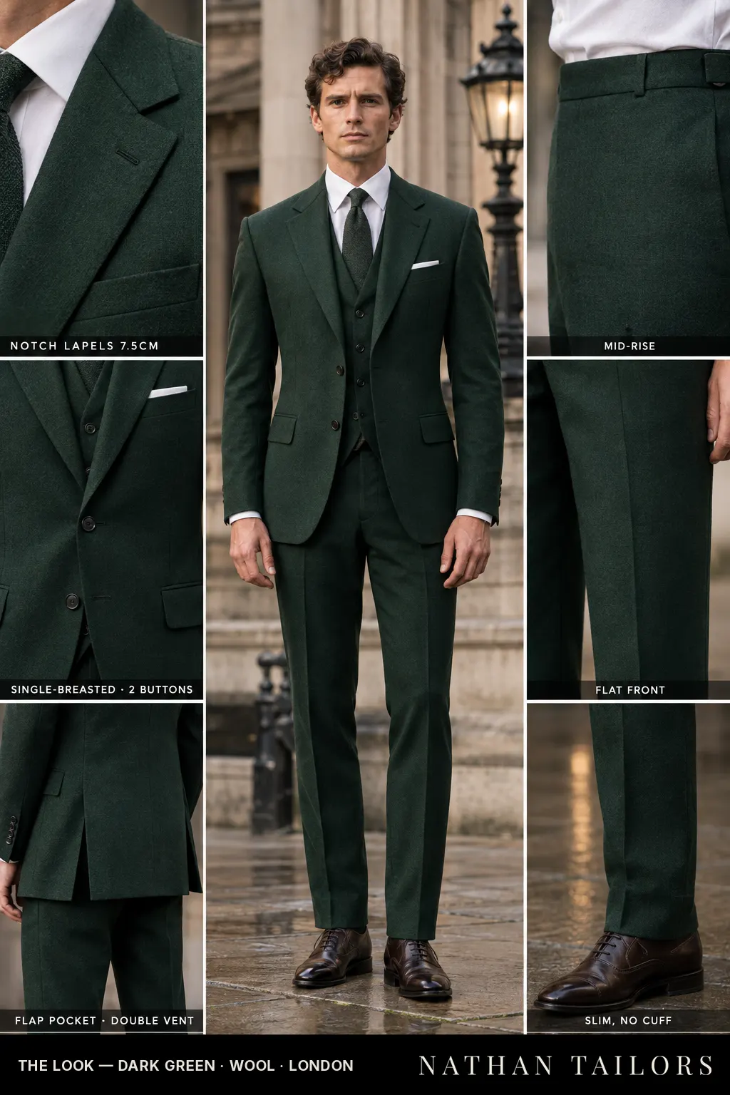 dark green single-breasted bespoke suit — custom tailored by Nathan Tailors, the Hoi An custom tailor