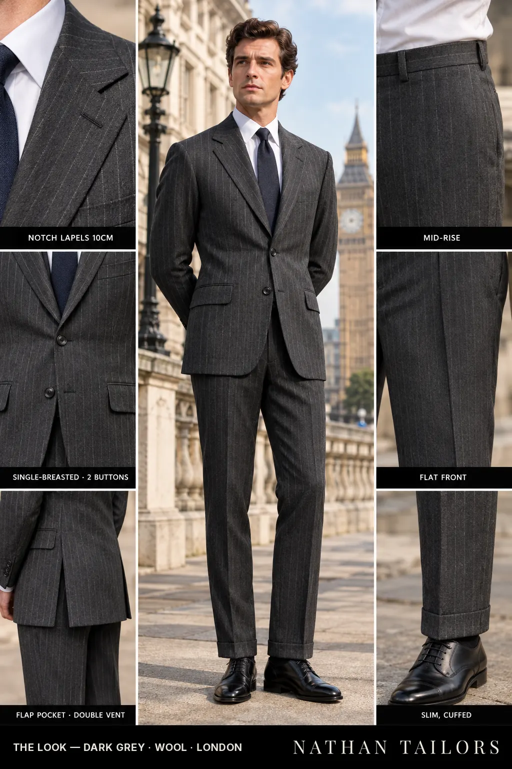 Dark grey pinstripe single-breasted bespoke suit — custom tailored by Nathan Tailors, the Hoi An custom tailor