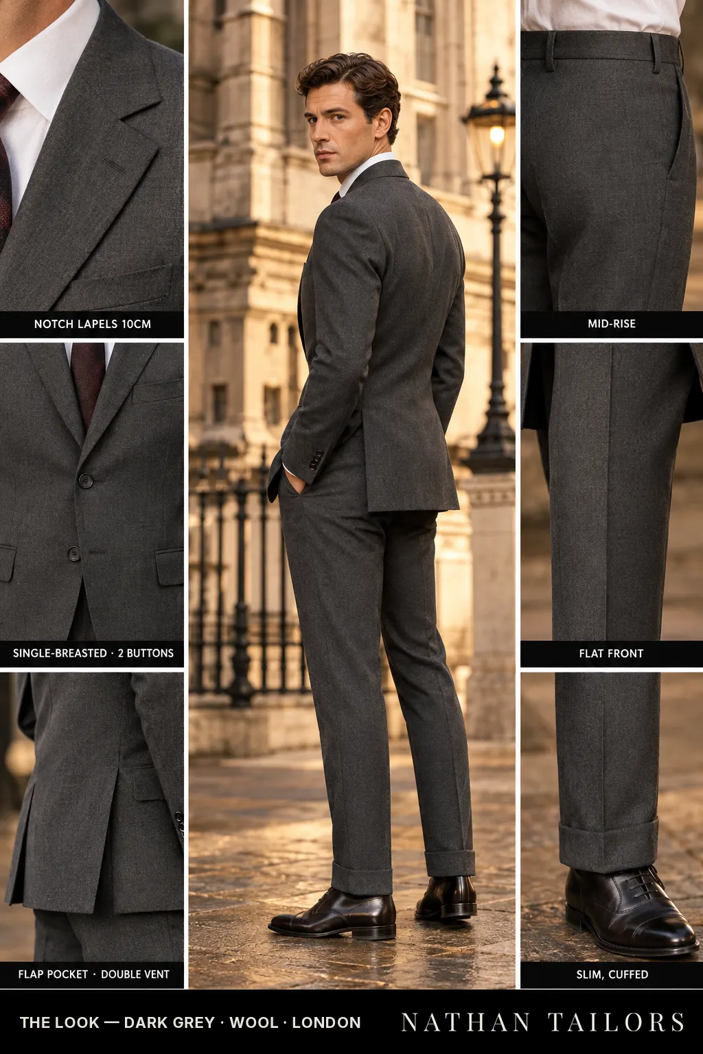 Dark grey single-breasted bespoke suit — custom tailored by Nathan Tailors, the Hoi An custom tailor