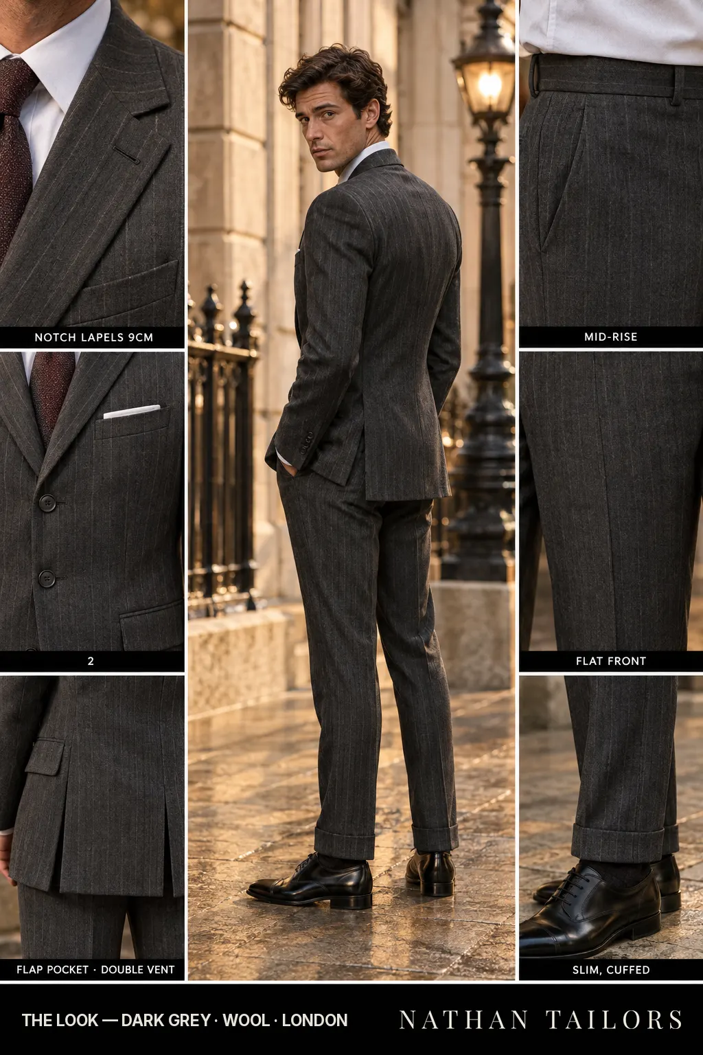 Dark grey single-breasted bespoke suit — custom tailored by Nathan Tailors, the Hoi An custom tailor