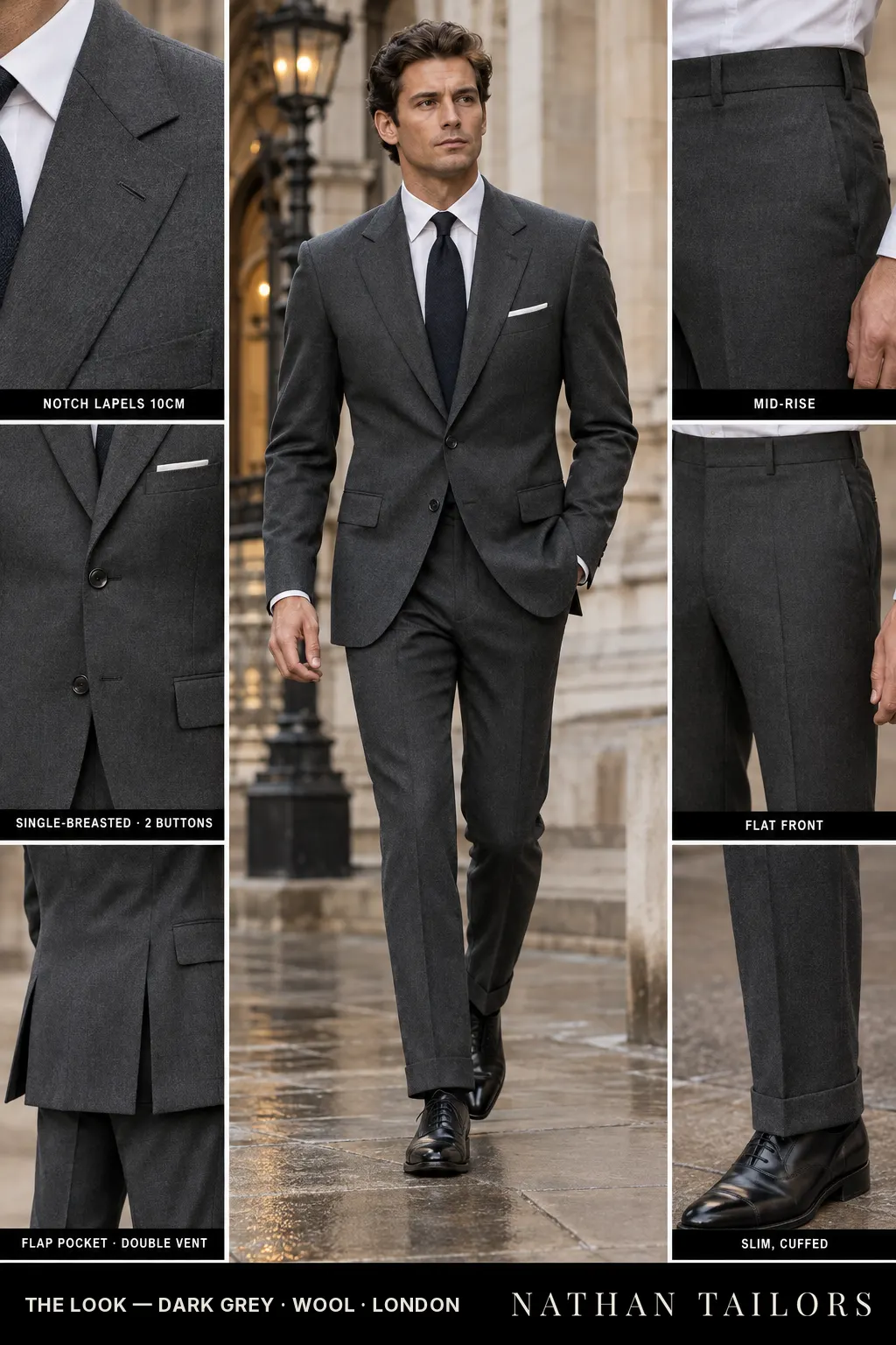 Dark grey single-breasted bespoke suit — custom tailored by Nathan Tailors, the Hoi An custom tailor