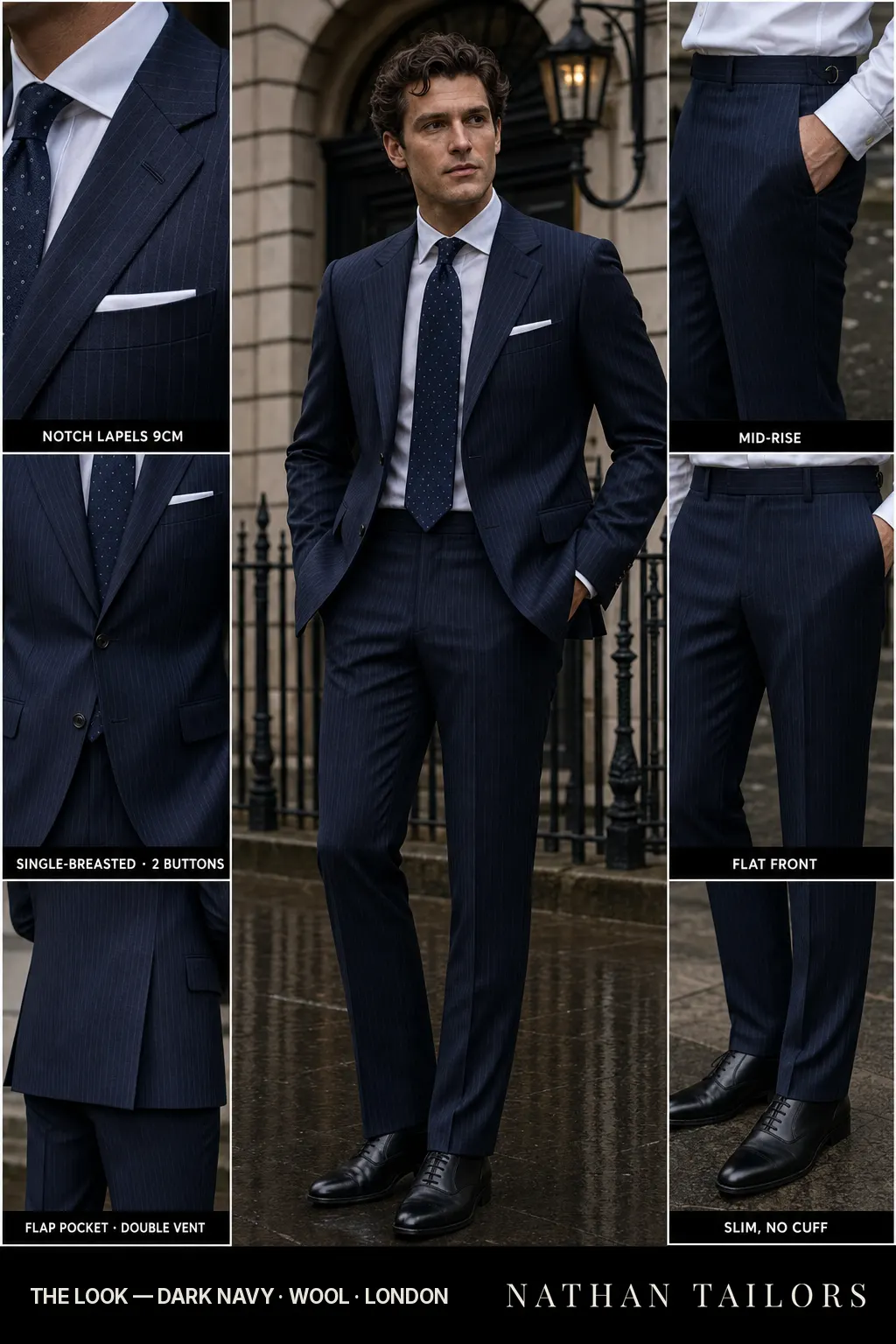 dark navy pinstripe single-breasted notch-lapel bespoke suit — AI-rendered by Nathan Tailors, the Hoi An custom tailor. Available as a custom tailored suit from $149.