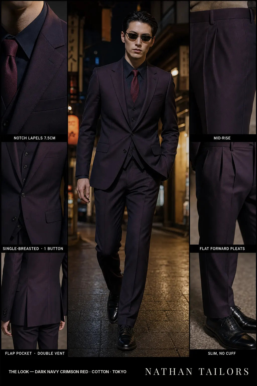 dark navy crimson red single-breasted notch-lapel bespoke suit — AI-rendered by Nathan Tailors, the Hoi An custom tailor. Available as a custom tailored suit from $149.