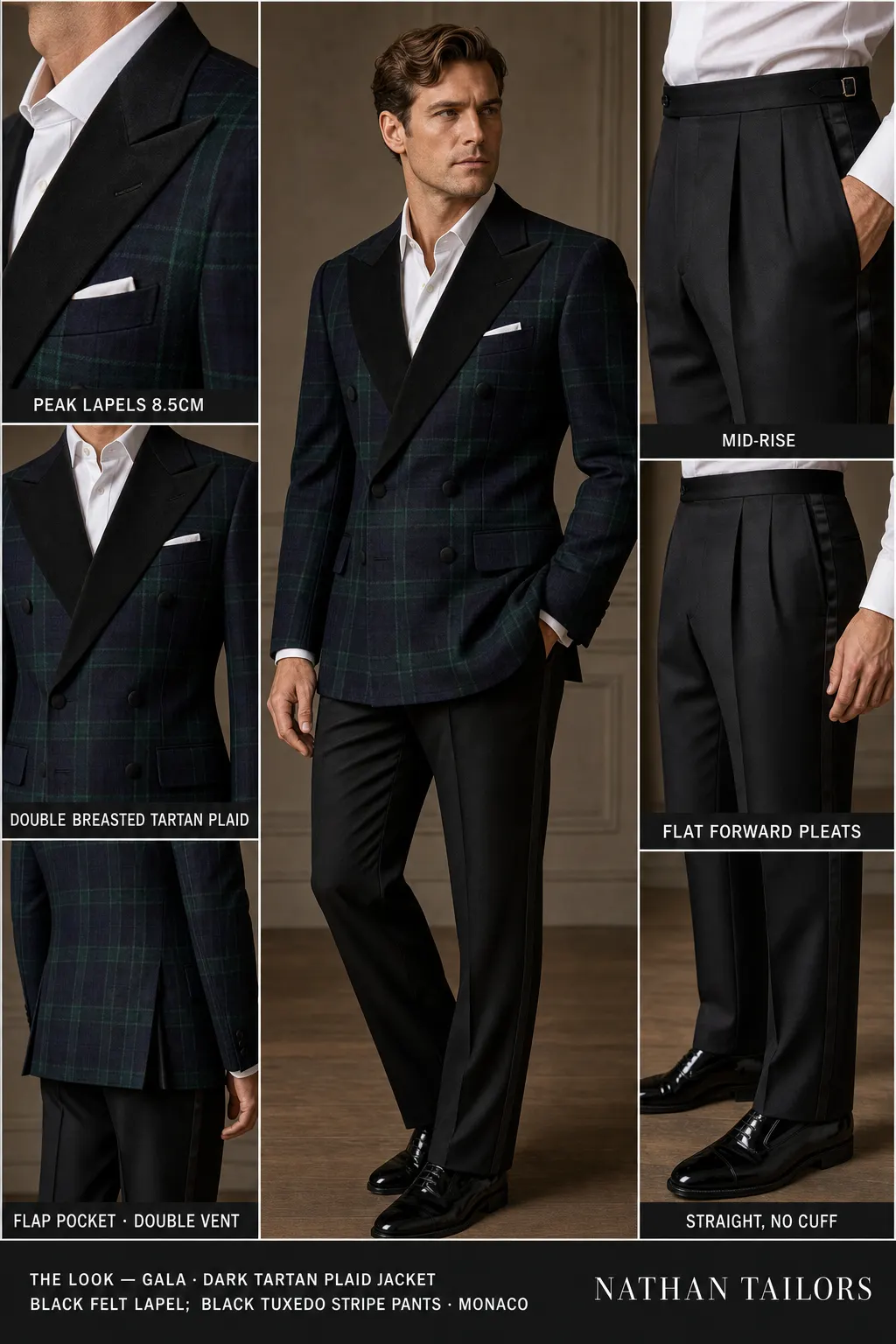 Dark Tartan plaid jacket black felt lapel; black tuxedo stripe pants single-breasted peak-lapel bespoke suit — AI-rendered by Nathan Tailors, the Hoi An custom tailor. Available as a custom tailored suit from $149.