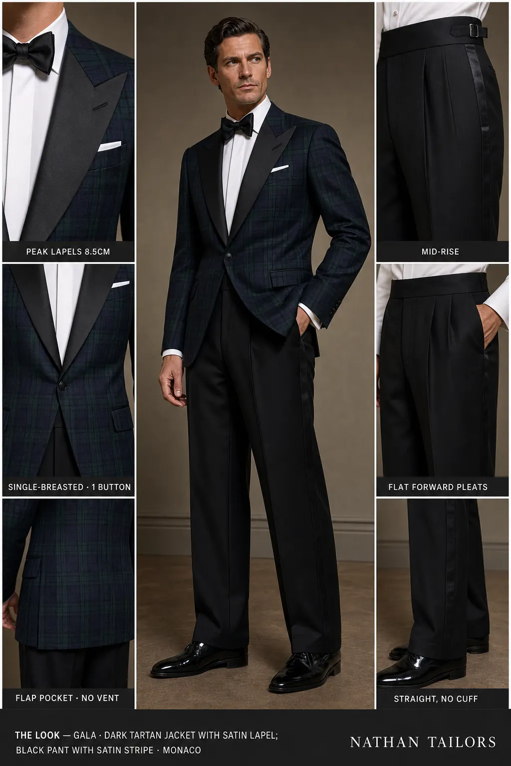 Dark tartan jacket with satin lapel; black pant with satin stripe single-breasted peak-lapel bespoke suit โ AI-rendered by Nathan Tailors, the Hoi An custom tailor. Available as a custom tailored suit from $149.