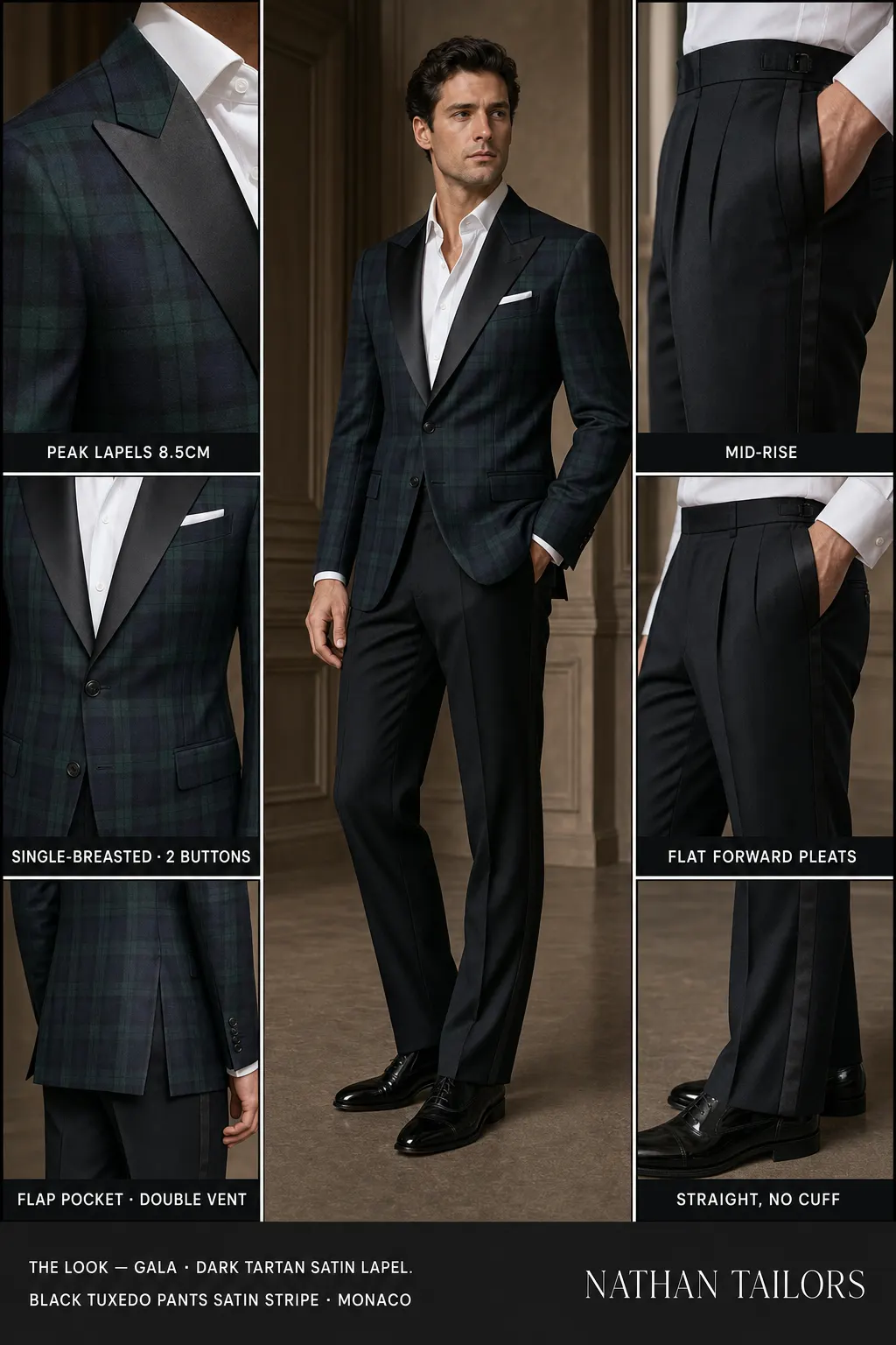 Dark tartan satin lapel. Black tuxedo pants satin stripe single-breasted peak-lapel bespoke suit โ AI-rendered by Nathan Tailors, the Hoi An custom tailor. Available as a custom tailored suit from $149.