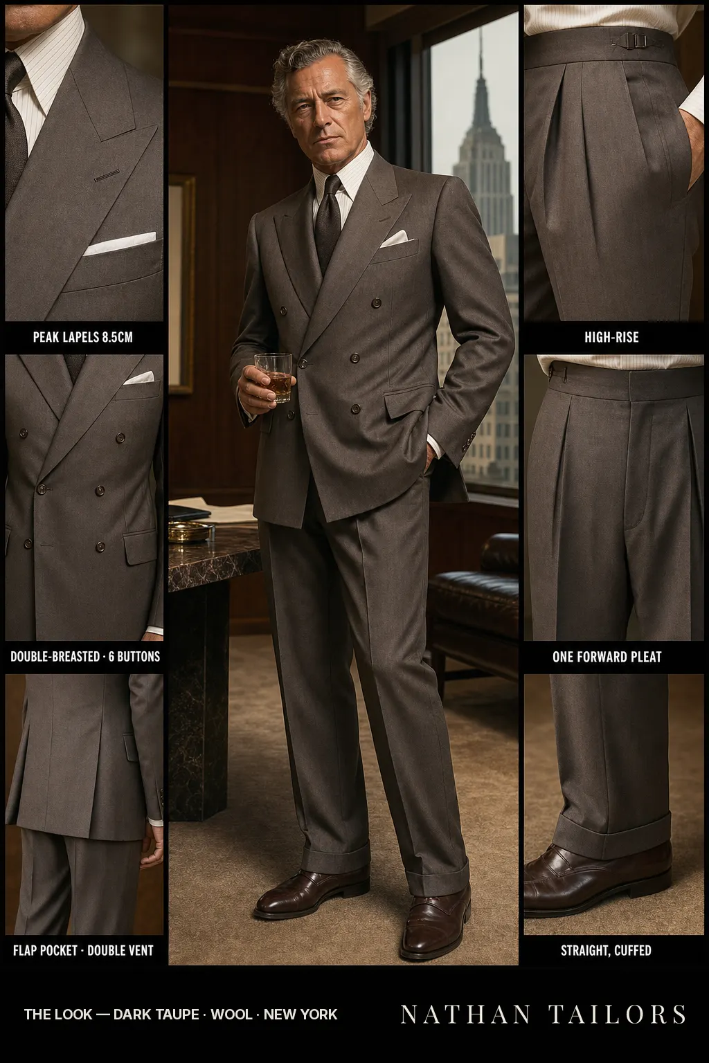 dark taupe double-breasted peak-lapel bespoke suit โ AI-rendered by Nathan Tailors, the Hoi An custom tailor. Available as a custom tailored suit from $149.