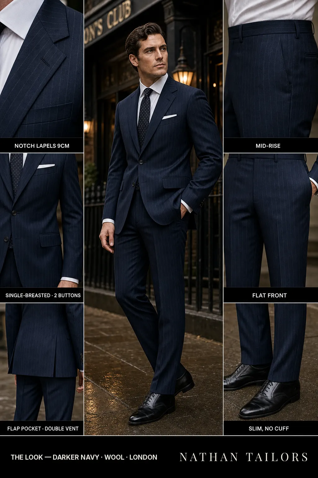 darker navy chalk stripe single-breasted notch-lapel bespoke suit — AI-rendered by Nathan Tailors, the Hoi An custom tailor. Available as a custom tailored suit from $149.