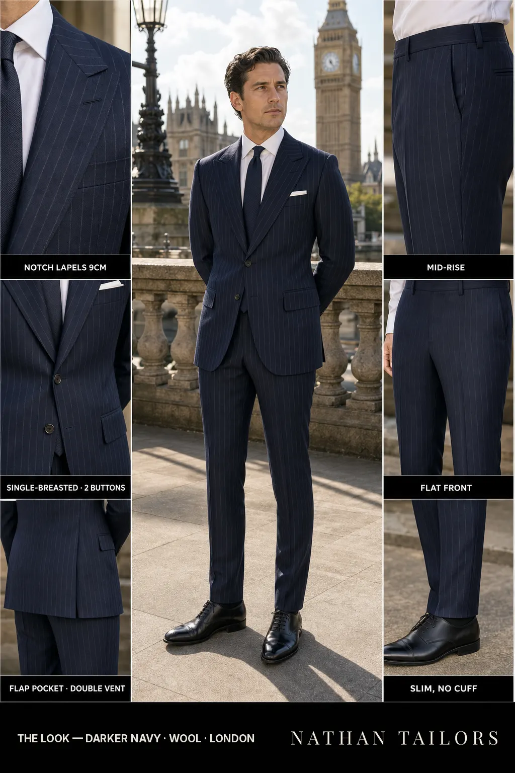 darker navy chalk stripe single-breasted notch-lapel bespoke suit โ AI-rendered by Nathan Tailors, the Hoi An custom tailor. Available as a custom tailored suit from $149.