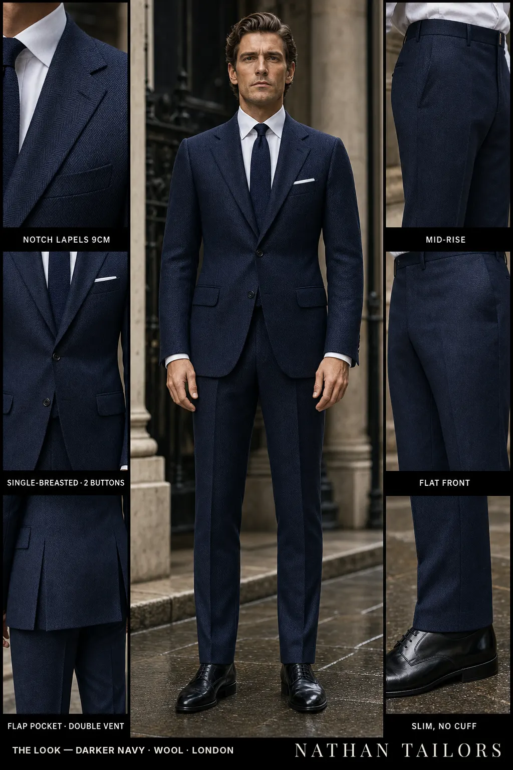 darker navy herringbone single-breasted notch-lapel bespoke suit — AI-rendered by Nathan Tailors, the Hoi An custom tailor. Available as a custom tailored suit from $149.