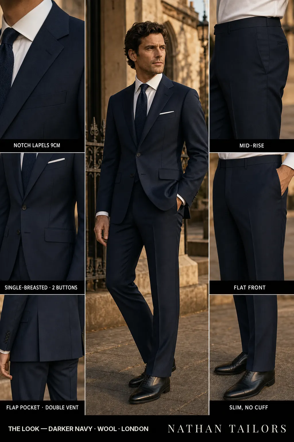 darker navy single-breasted notch-lapel bespoke suit — AI-rendered by Nathan Tailors, the Hoi An custom tailor. Available as a custom tailored suit from $149.