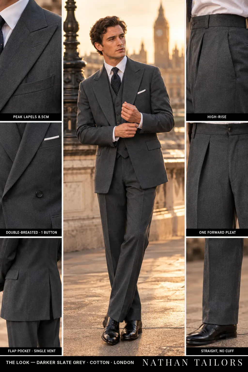 darker slate grey double-breasted bespoke suit — custom tailored by Nathan Tailors, the Hoi An custom tailor