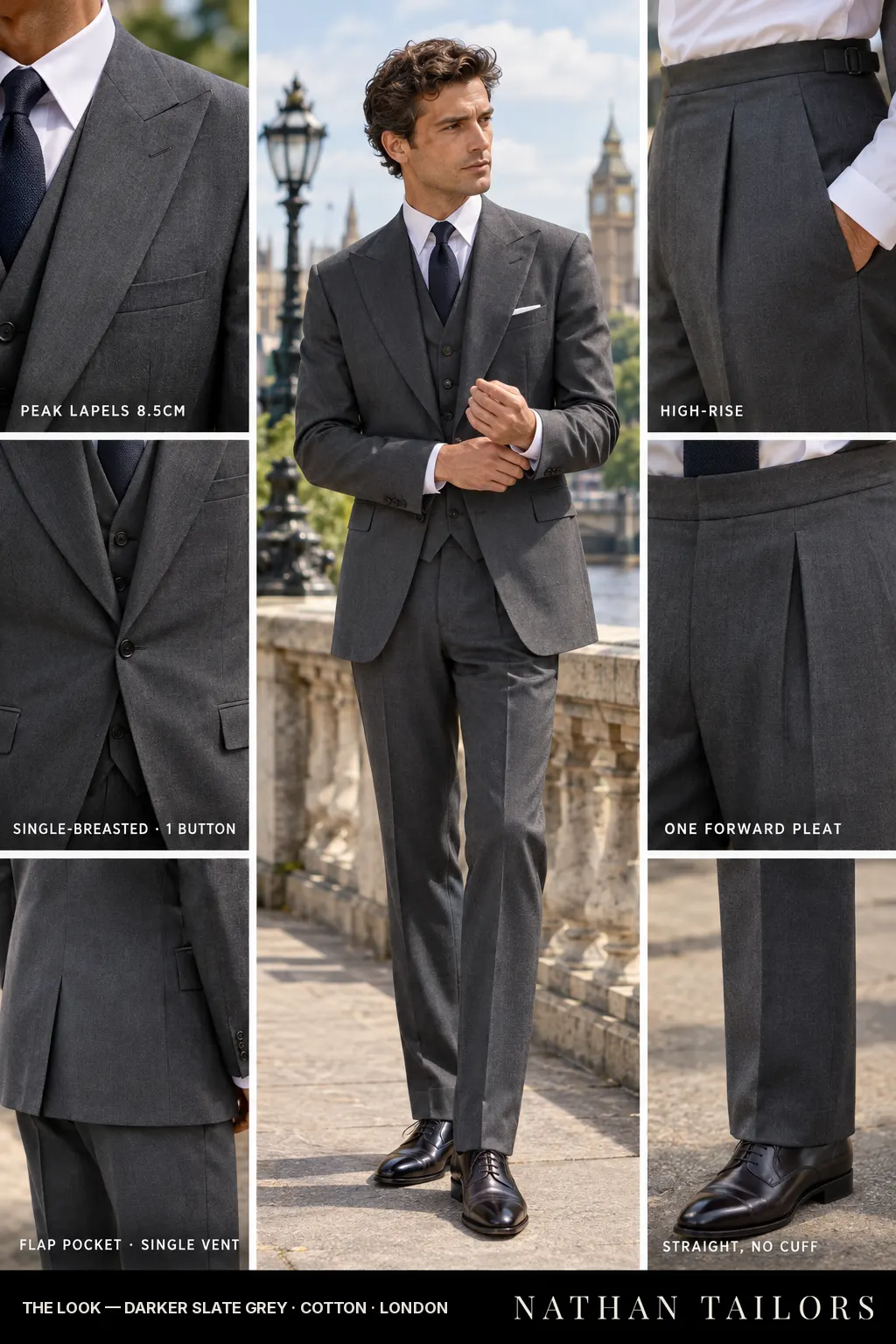 darker slate grey single-breasted bespoke suit — custom tailored by Nathan Tailors, the Hoi An custom tailor