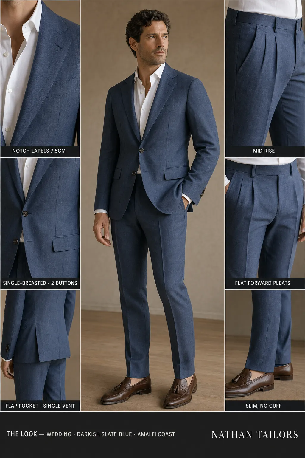 Darkish slate blue single-breasted notch-lapel bespoke suit — AI-rendered by Nathan Tailors, the Hoi An custom tailor. Available as a custom tailored suit from $149.