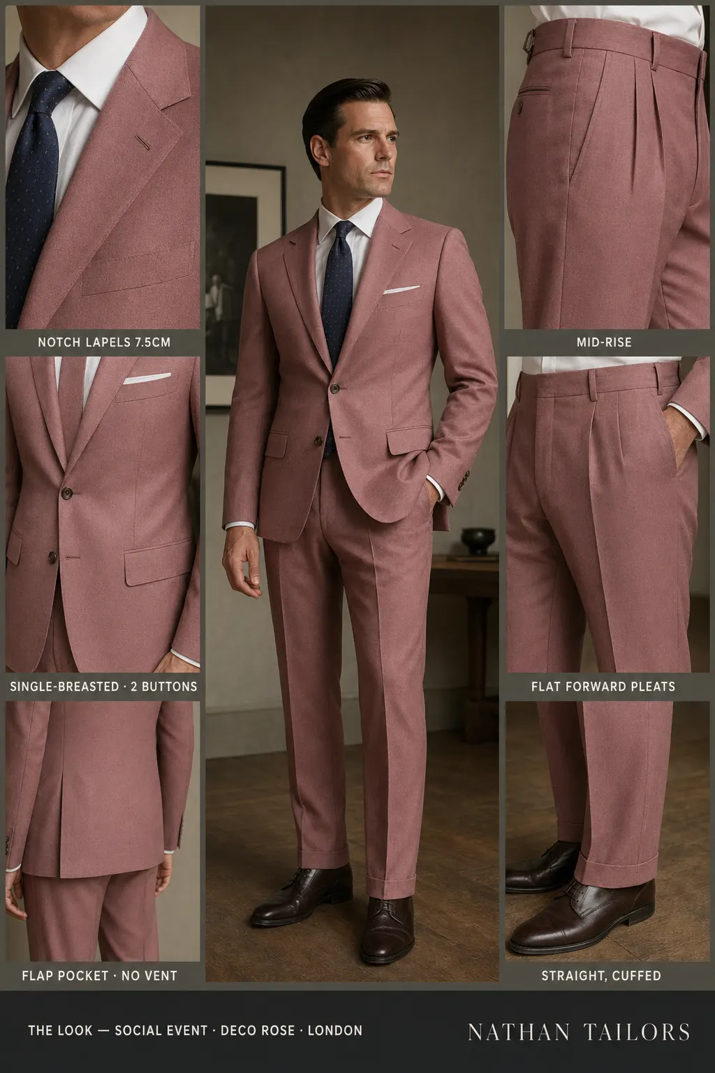 Deco Rose single-breasted notch-lapel bespoke suit — AI-rendered by Nathan Tailors, the Hoi An custom tailor. Available as a custom tailored suit from $149.