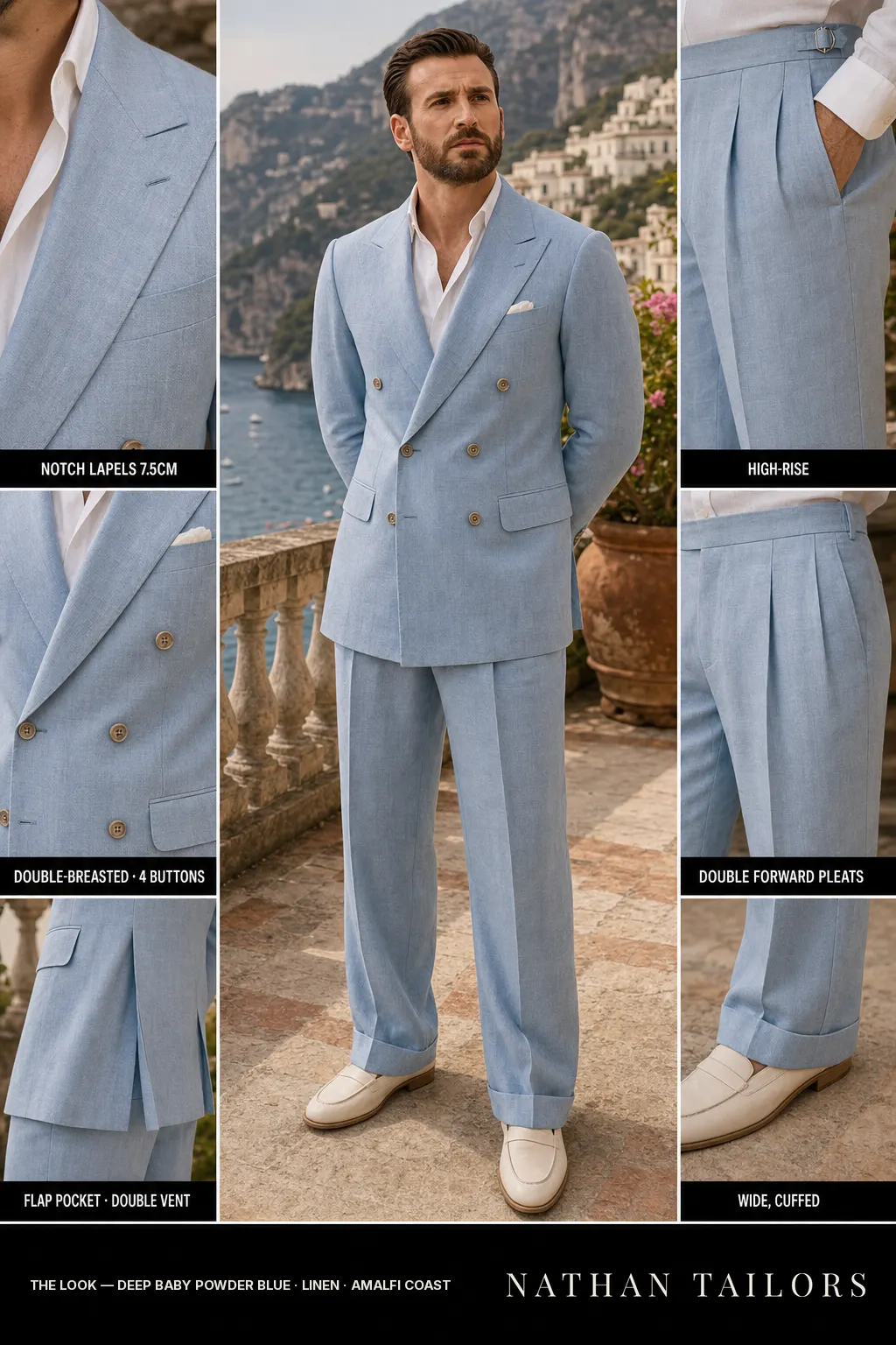 deep baby powder blue double-breasted notch-lapel bespoke suit — AI-rendered by Nathan Tailors, the Hoi An custom tailor. Available as a custom tailored suit from $149.