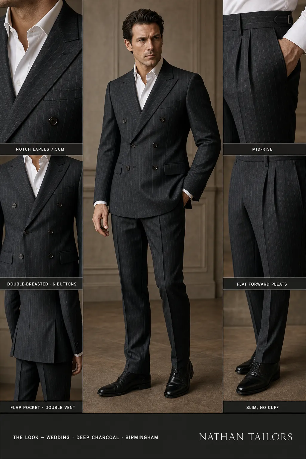deep charcoal chalk stripe double-breasted notch-lapel bespoke suit โ AI-rendered by Nathan Tailors, the Hoi An custom tailor. Available as a custom tailored suit from $149.