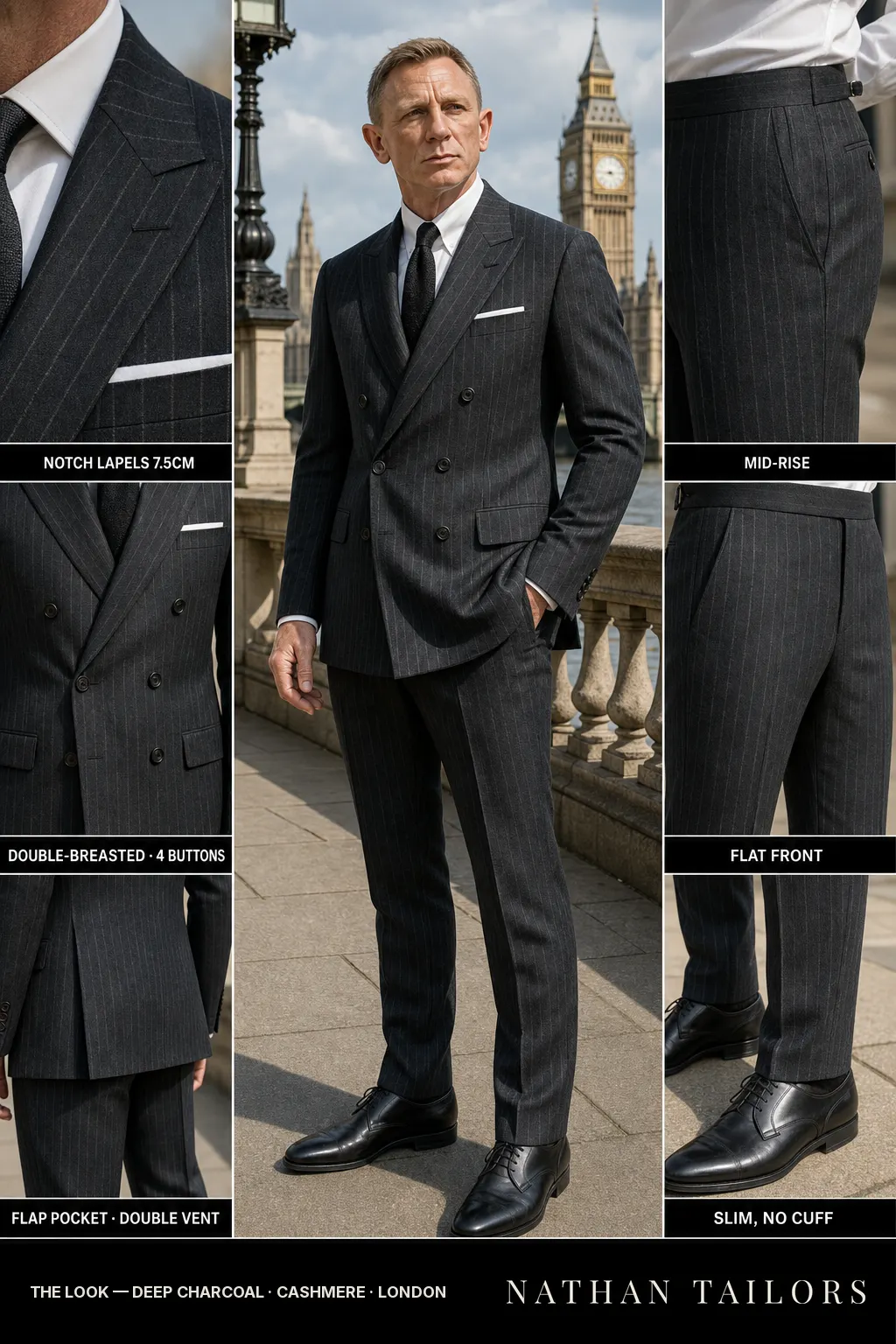deep charcoal chalk stripe double-breasted notch-lapel bespoke suit — AI-rendered by Nathan Tailors, the Hoi An custom tailor. Available as a custom tailored suit from $149.