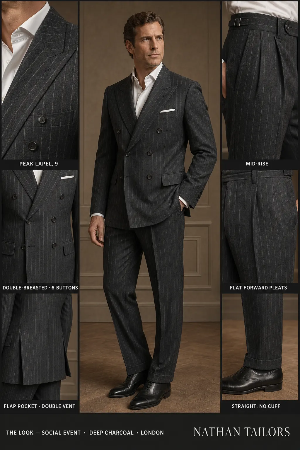 deep charcoal chalk stripe double-breasted notch-lapel bespoke suit — AI-rendered by Nathan Tailors, the Hoi An custom tailor. Available as a custom tailored suit from $149.