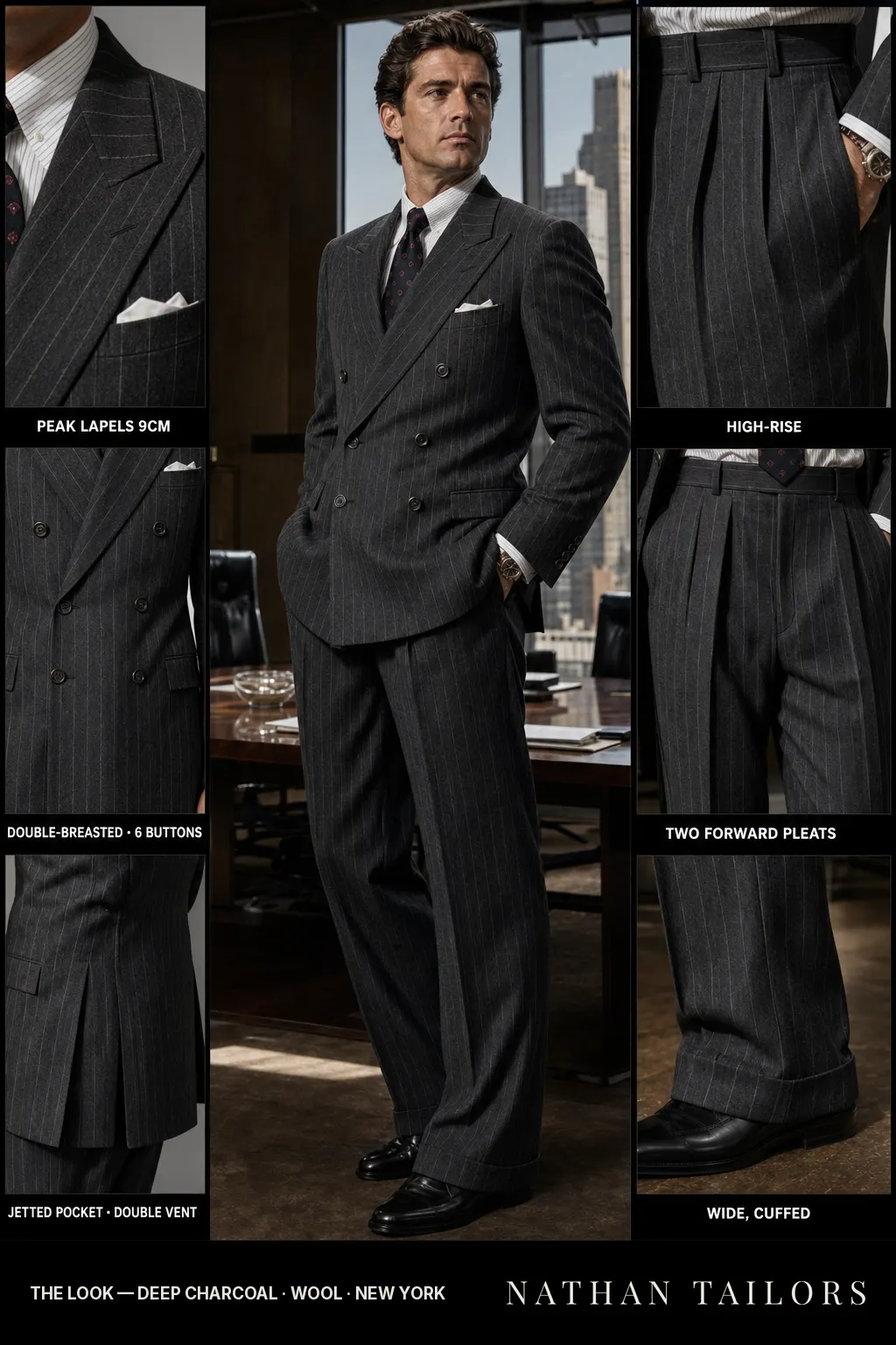deep charcoal chalk stripe double-breasted peak-lapel bespoke suit — AI-rendered by Nathan Tailors, the Hoi An custom tailor. Available as a custom tailored suit from $149.