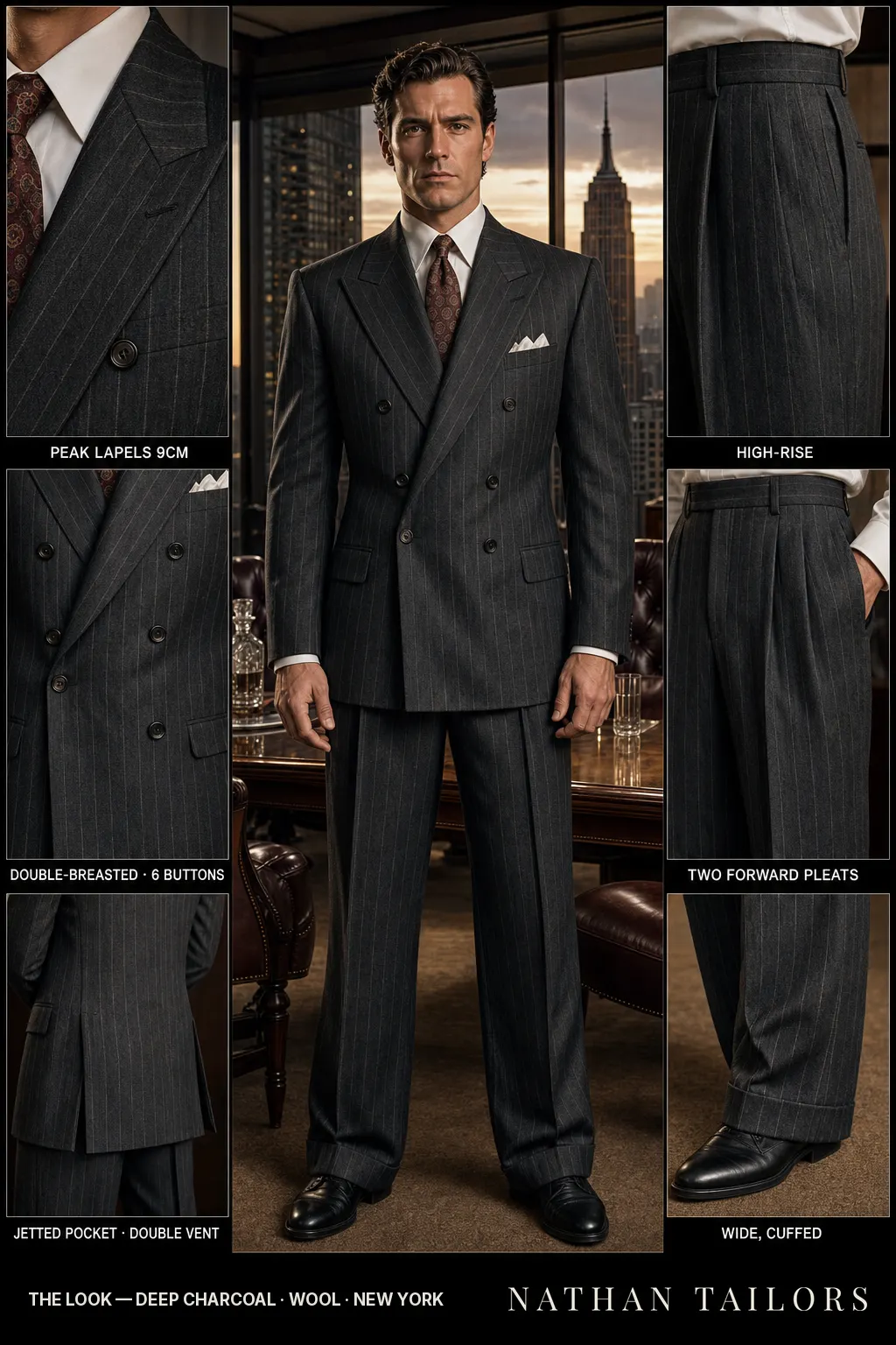 deep charcoal chalk stripe double-breasted peak-lapel bespoke suit โ AI-rendered by Nathan Tailors, the Hoi An custom tailor. Available as a custom tailored suit from $149.