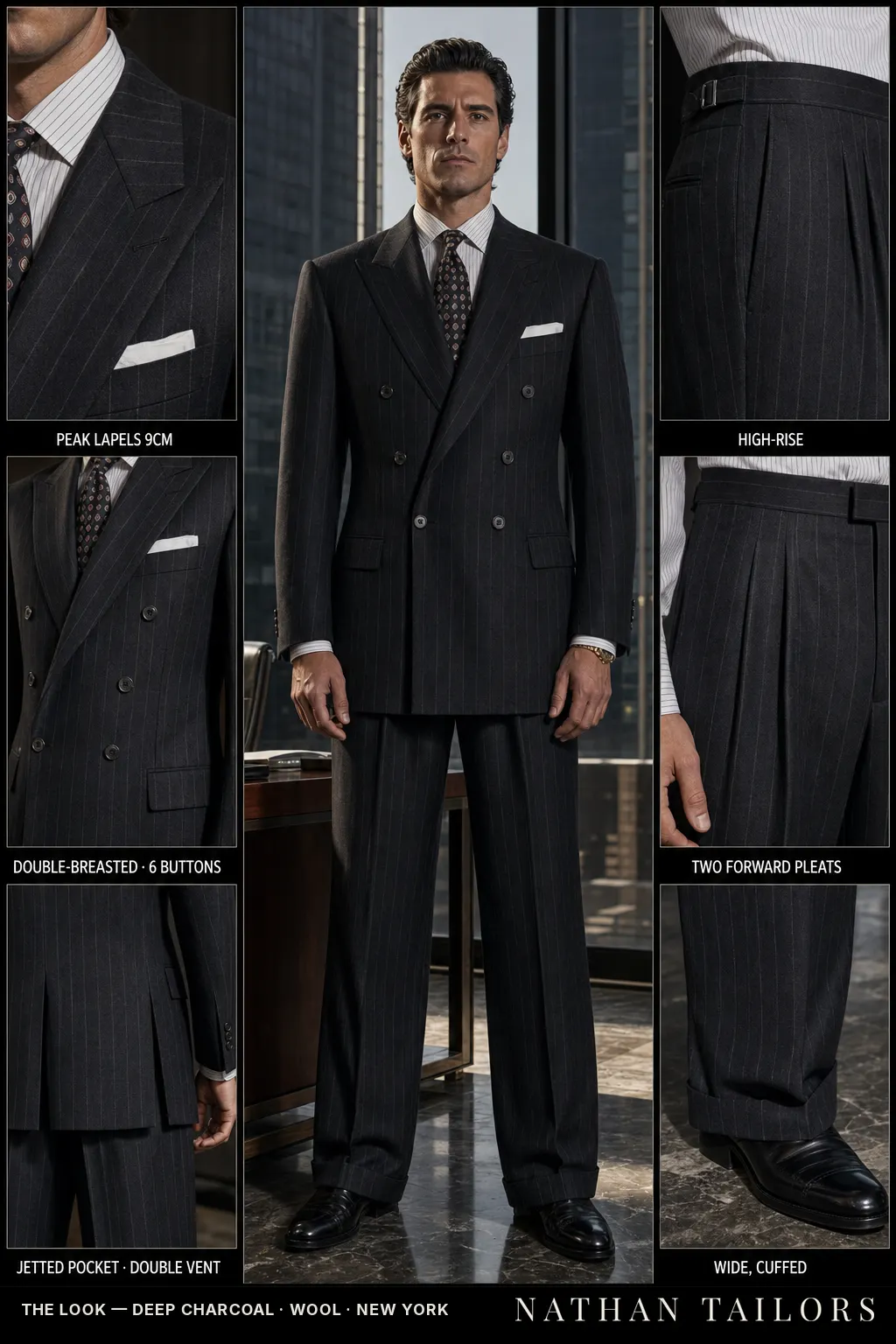 deep charcoal chalk stripe double-breasted peak-lapel bespoke suit — AI-rendered by Nathan Tailors, the Hoi An custom tailor. Available as a custom tailored suit from $149.