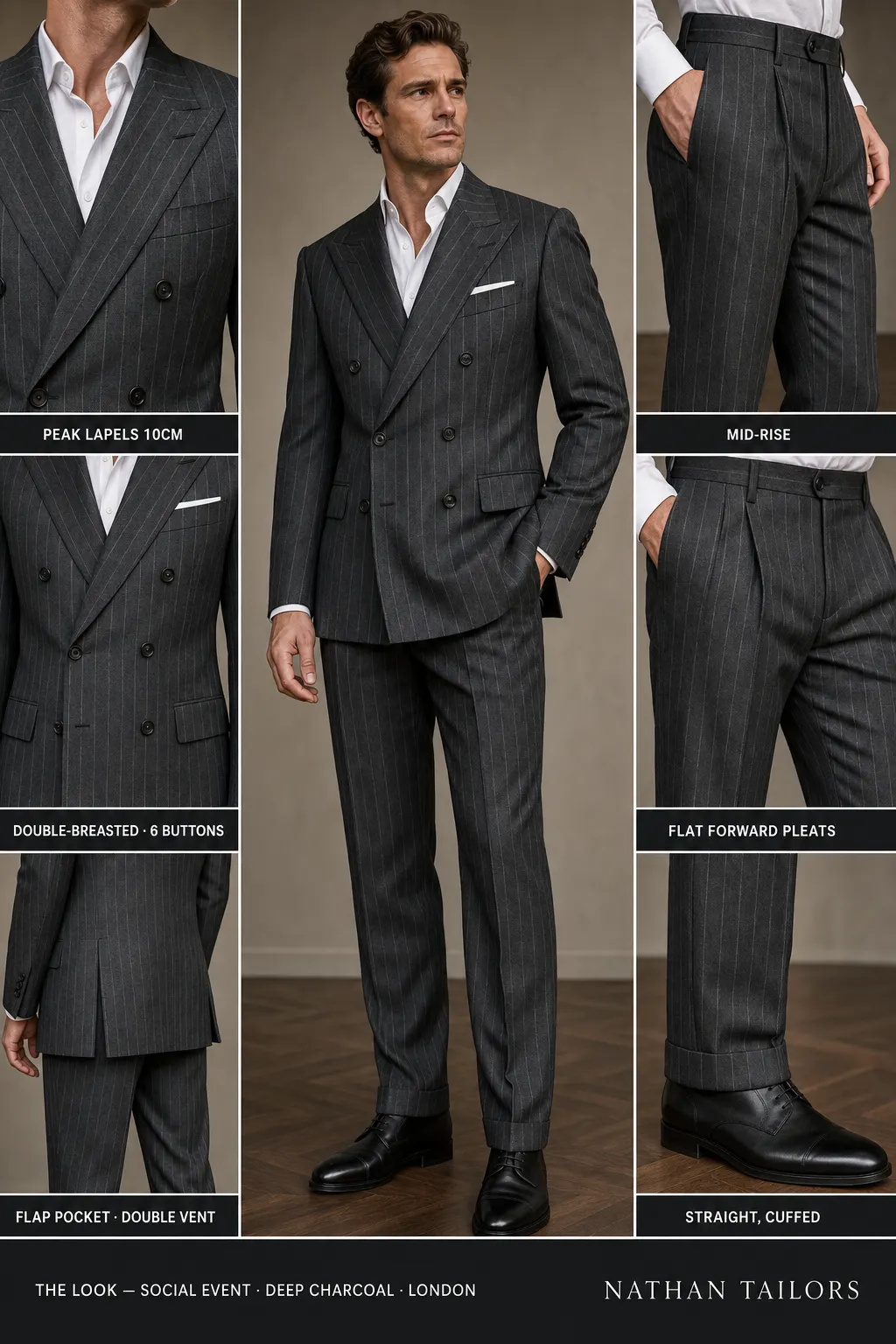 deep charcoal chalk stripe double-breasted peak-lapel bespoke suit — AI-rendered by Nathan Tailors, the Hoi An custom tailor. Available as a custom tailored suit from $149.