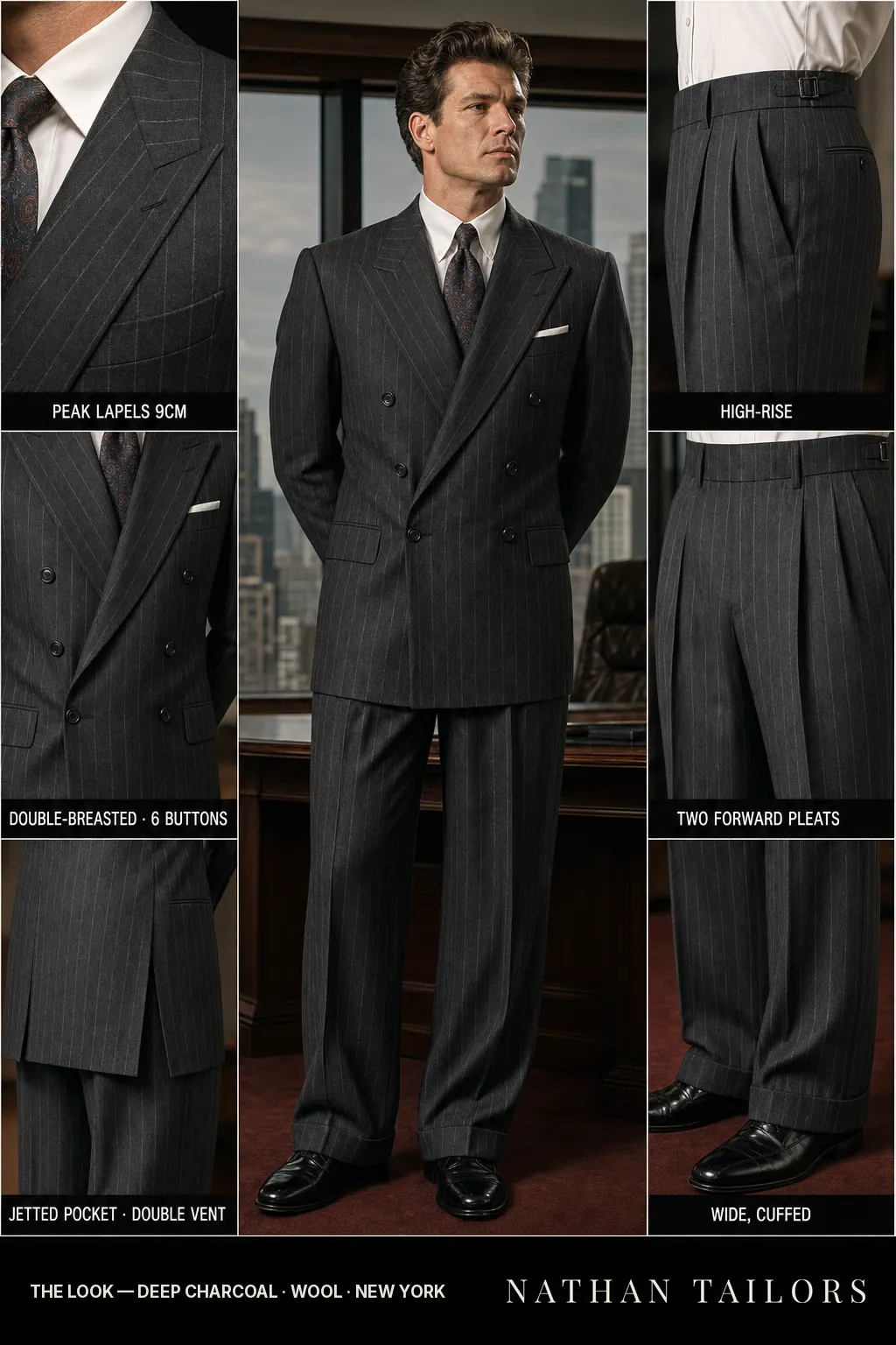 deep charcoal chalk stripe double-breasted peak-lapel bespoke suit — AI-rendered by Nathan Tailors, the Hoi An custom tailor. Available as a custom tailored suit from $149.