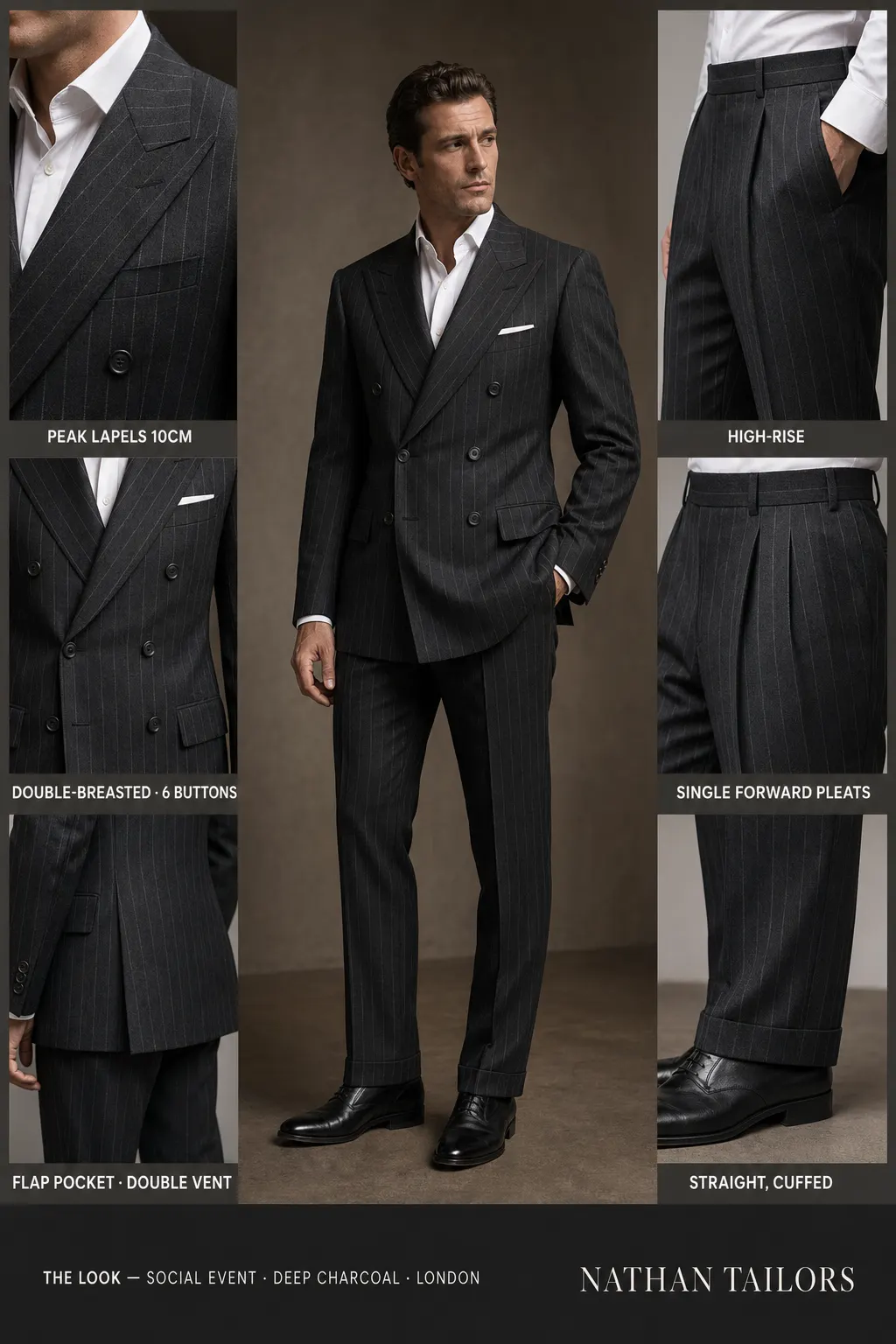deep charcoal chalk stripe double-breasted peak-lapel bespoke suit — AI-rendered by Nathan Tailors, the Hoi An custom tailor. Available as a custom tailored suit from $149.