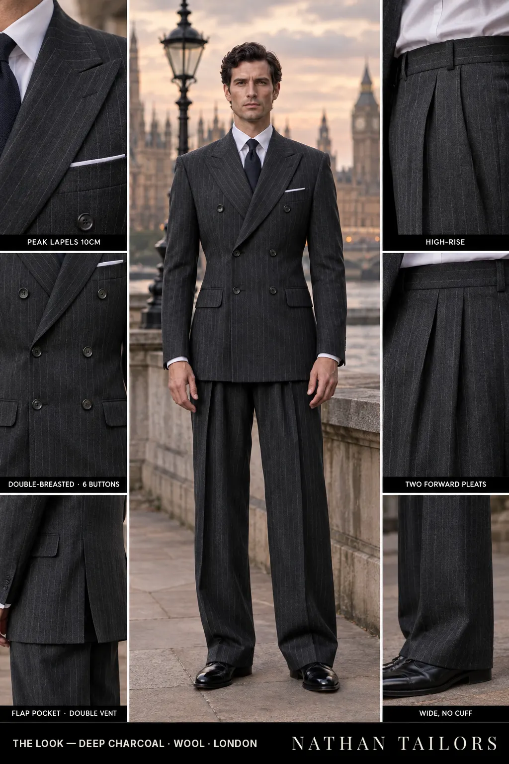 deep charcoal chalk_stripe double-breasted bespoke suit โ custom tailored by Nathan Tailors, the Hoi An custom tailor