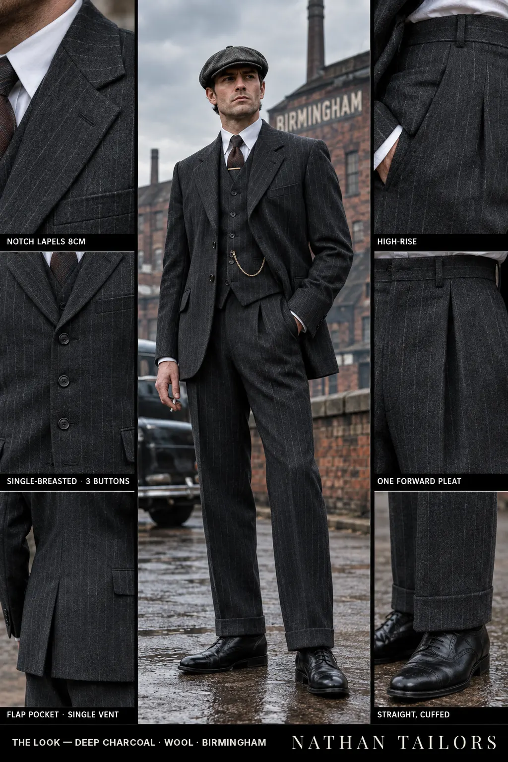 deep charcoal chalk stripe single-breasted notch-lapel bespoke suit โ AI-rendered by Nathan Tailors, the Hoi An custom tailor. Available as a custom tailored suit from $149.