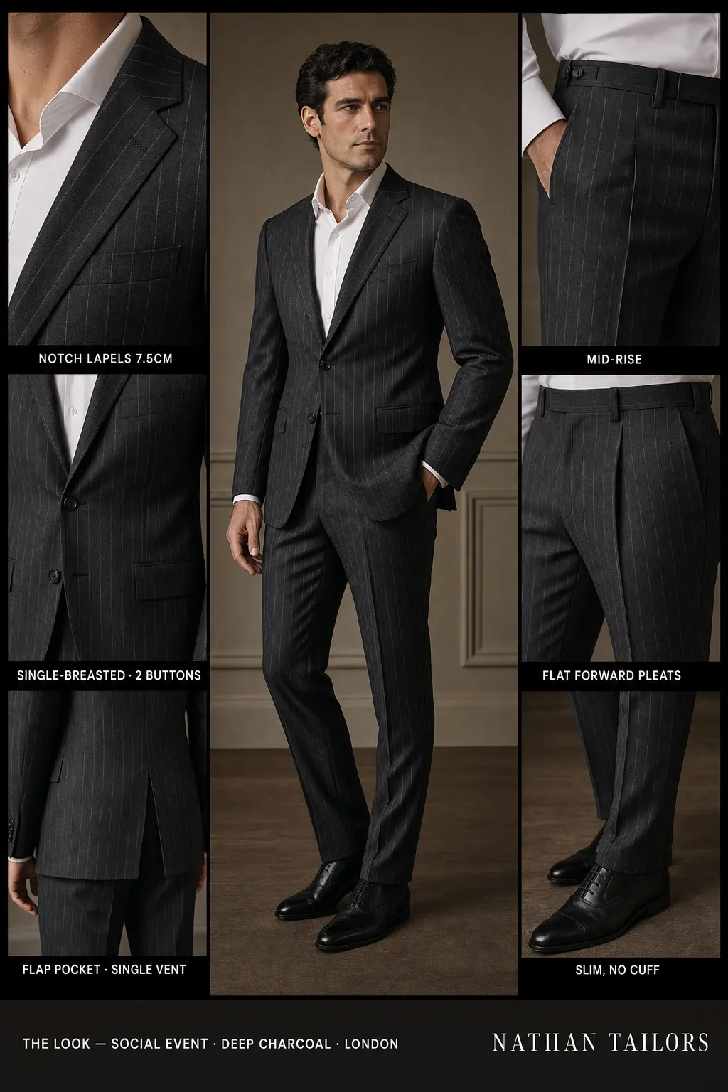 deep charcoal chalk stripe single-breasted notch-lapel bespoke suit โ AI-rendered by Nathan Tailors, the Hoi An custom tailor. Available as a custom tailored suit from $149.