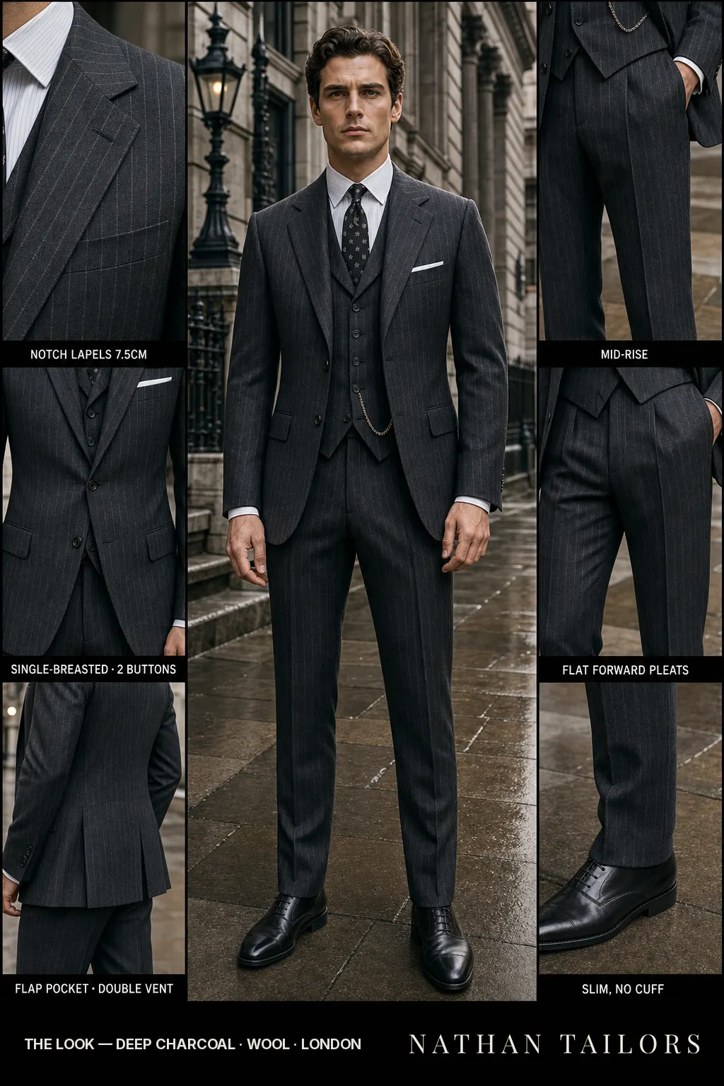deep charcoal chalk stripe single-breasted notch-lapel bespoke suit — AI-rendered by Nathan Tailors, the Hoi An custom tailor. Available as a custom tailored suit from $149.