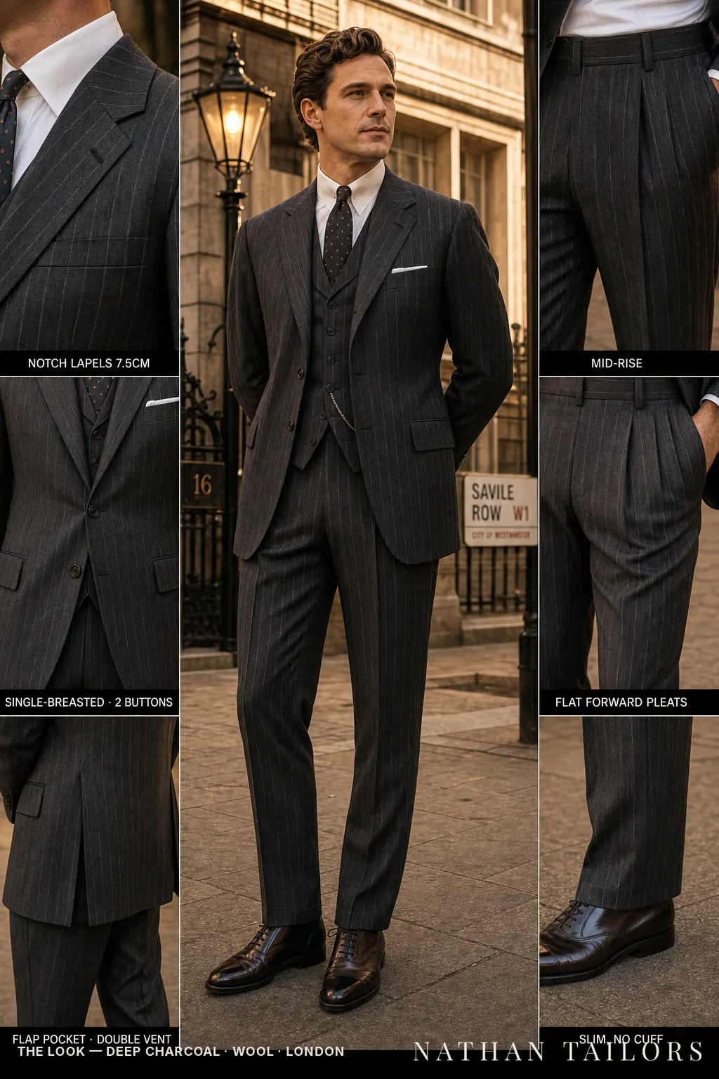deep charcoal chalk stripe single-breasted notch-lapel bespoke suit โ AI-rendered by Nathan Tailors, the Hoi An custom tailor. Available as a custom tailored suit from $149.